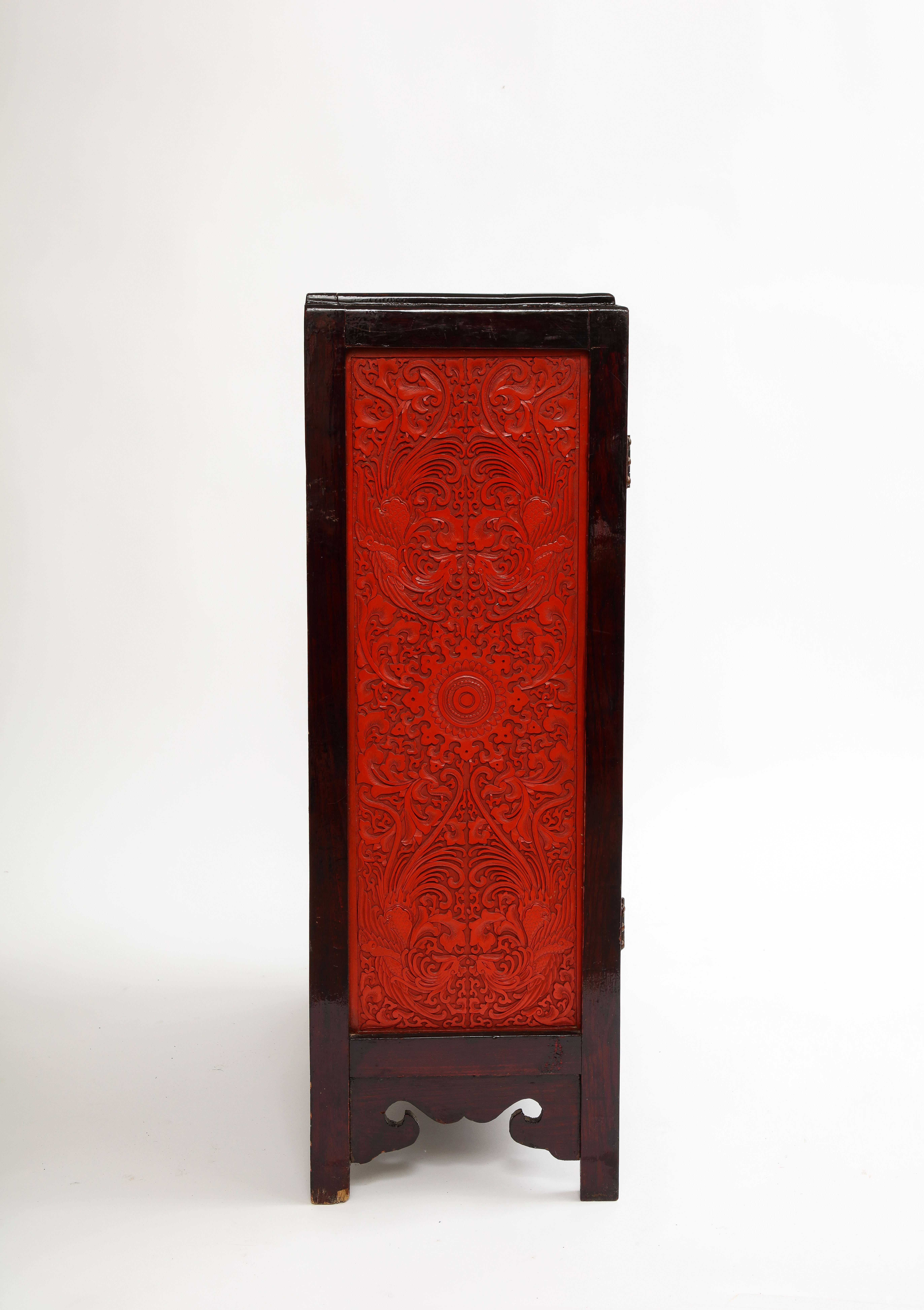 A 19th Century Chinese Cinnabar Panel Inlaid Hardwood Cabinet For Sale 5