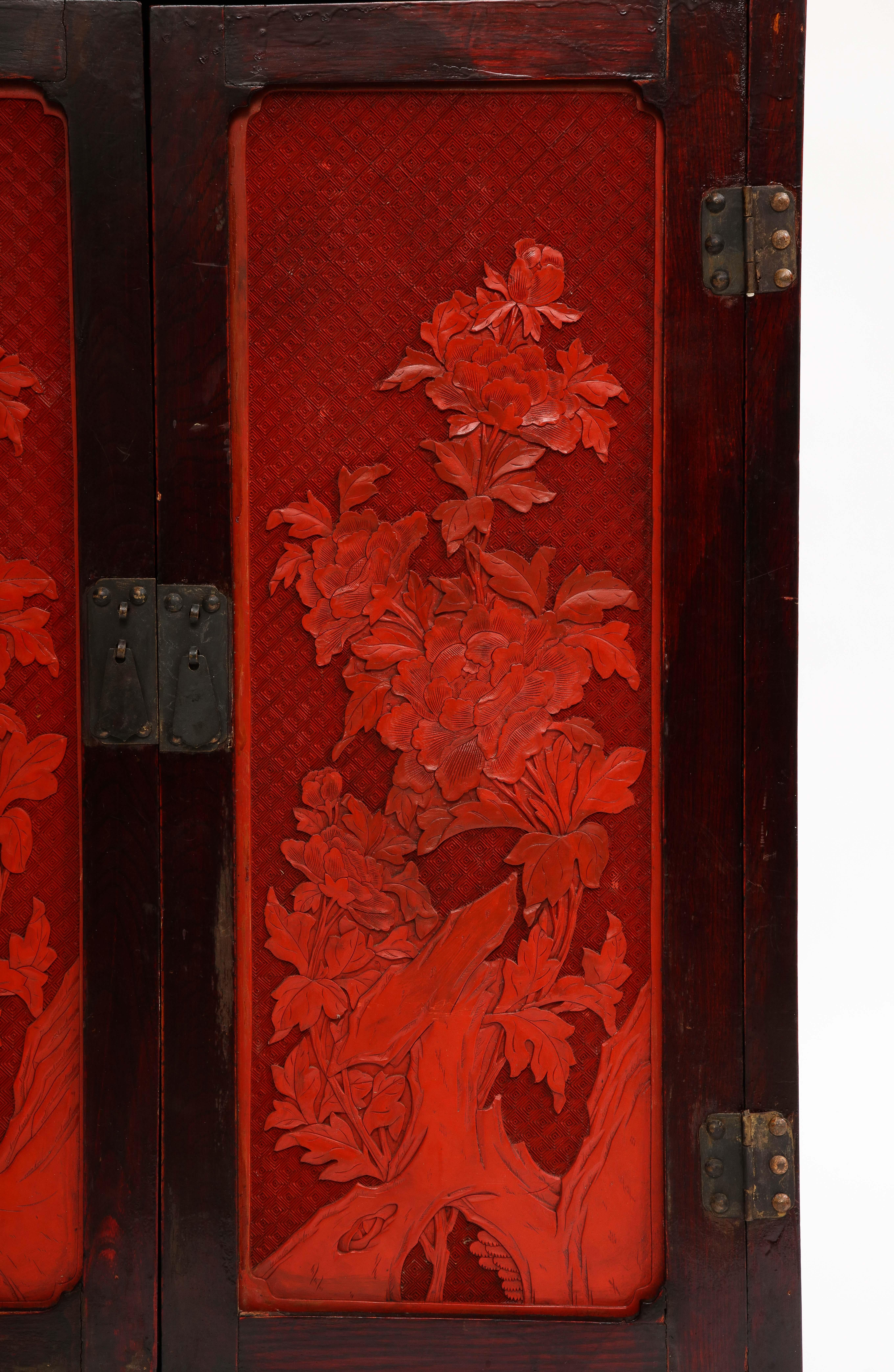 A 19th Century Chinese Cinnabar Panel Inlaid Hardwood Cabinet For Sale 1