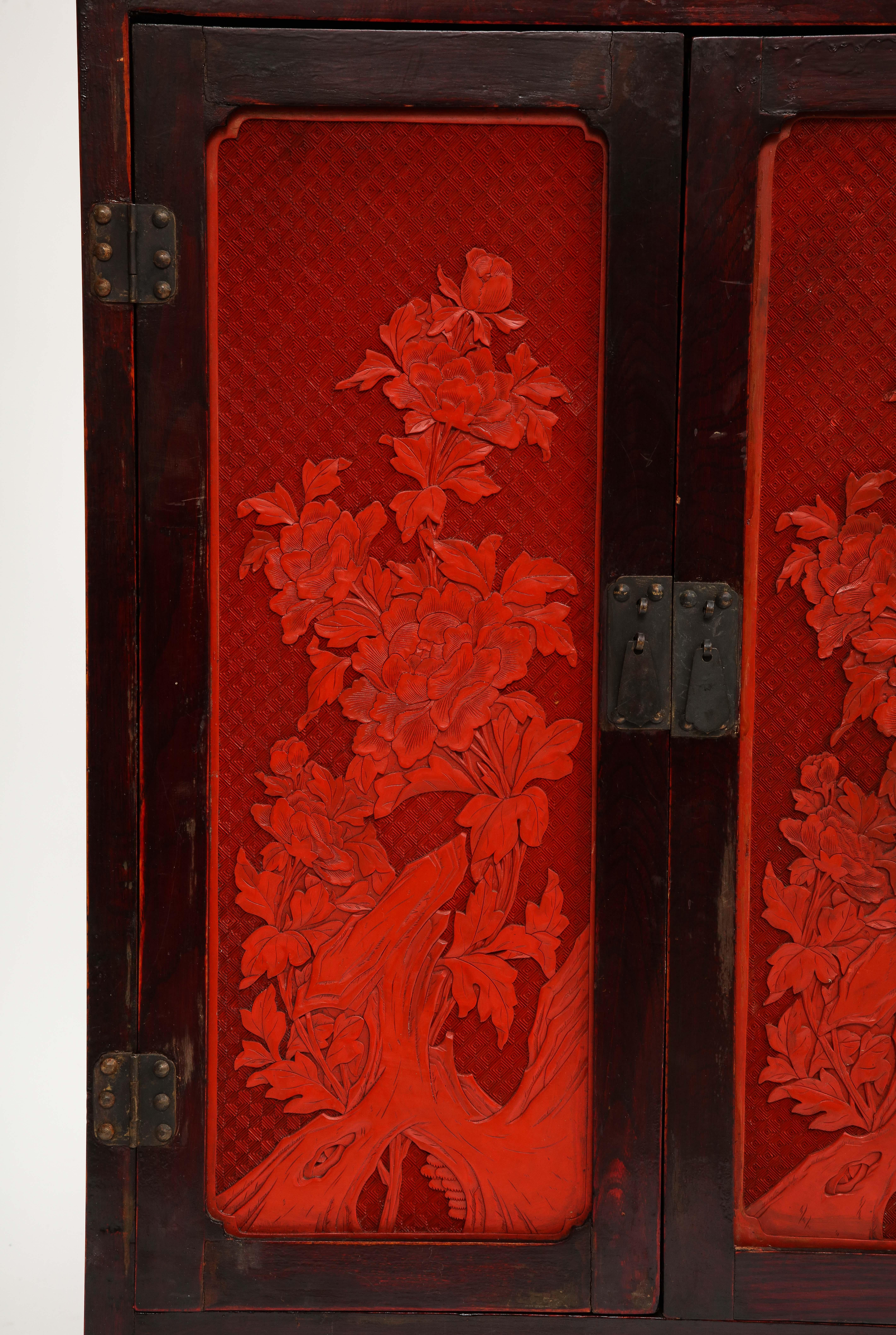 A 19th Century Chinese Cinnabar Panel Inlaid Hardwood Cabinet For Sale 2