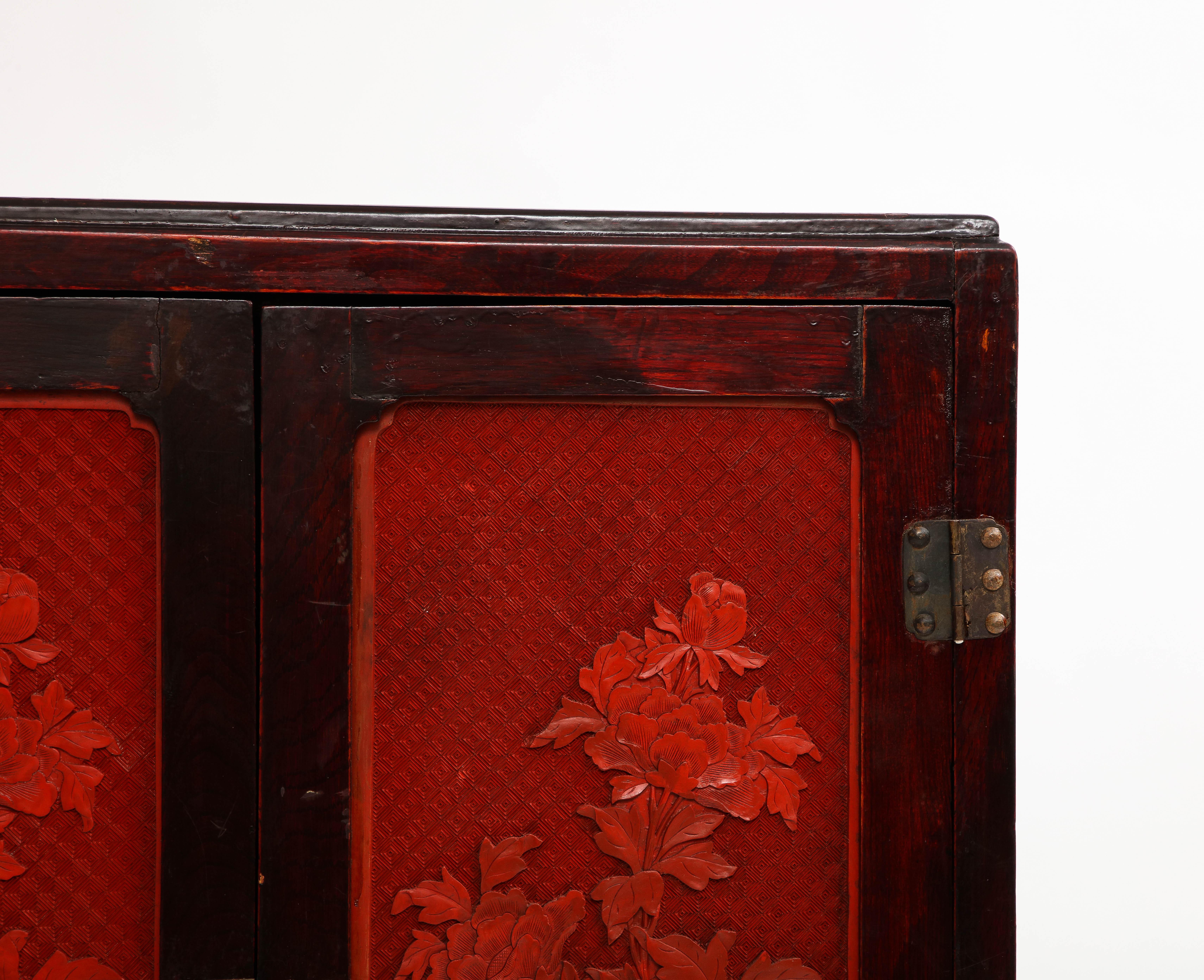 A 19th Century Chinese Cinnabar Panel Inlaid Hardwood Cabinet For Sale 3