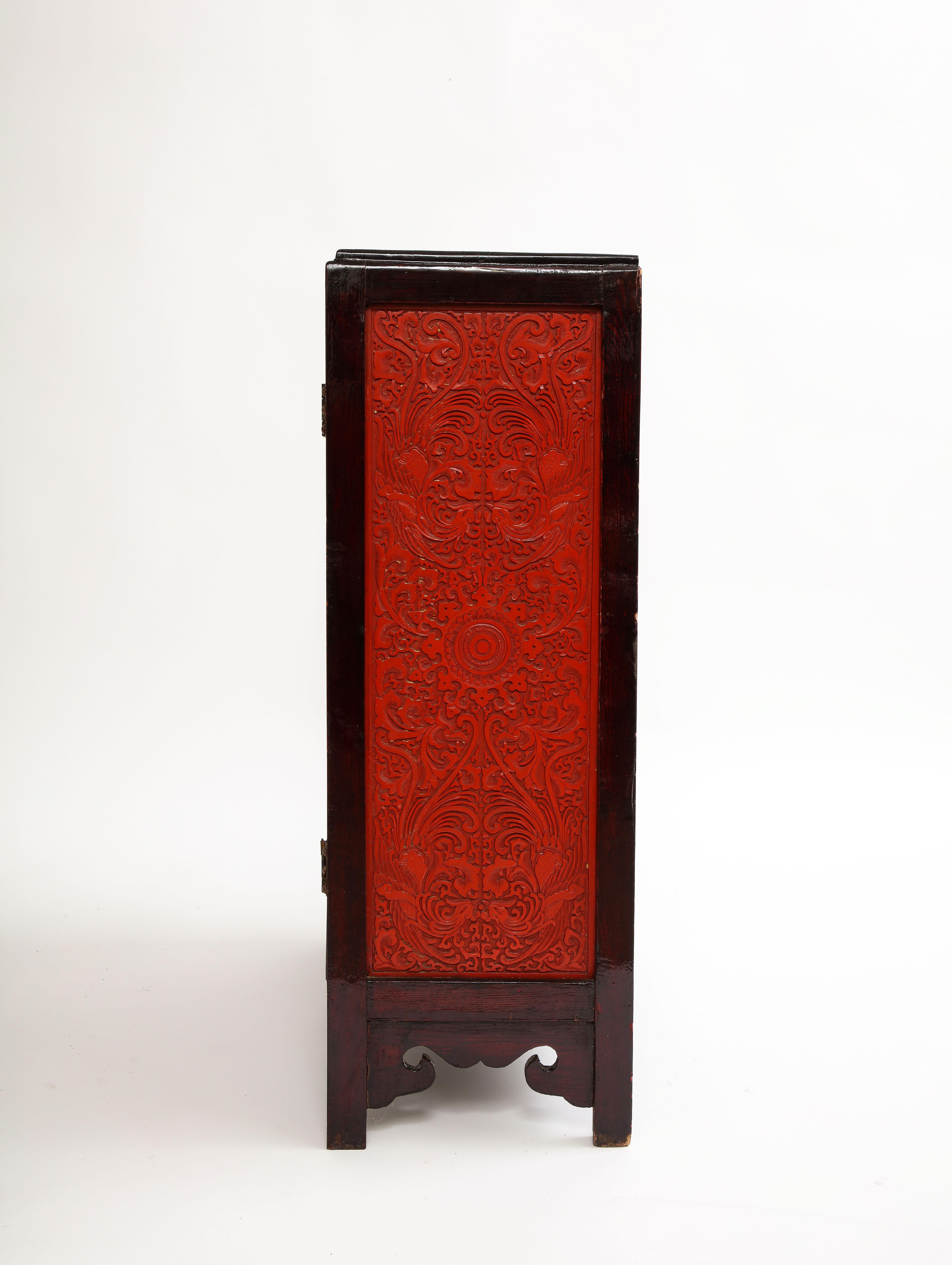 A 19th Century Chinese Cinnabar Panel Inlaid Hardwood Cabinet For Sale 4