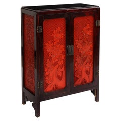 Antique A 19th Century Chinese Cinnabar Panel Inlaid Hardwood Cabinet