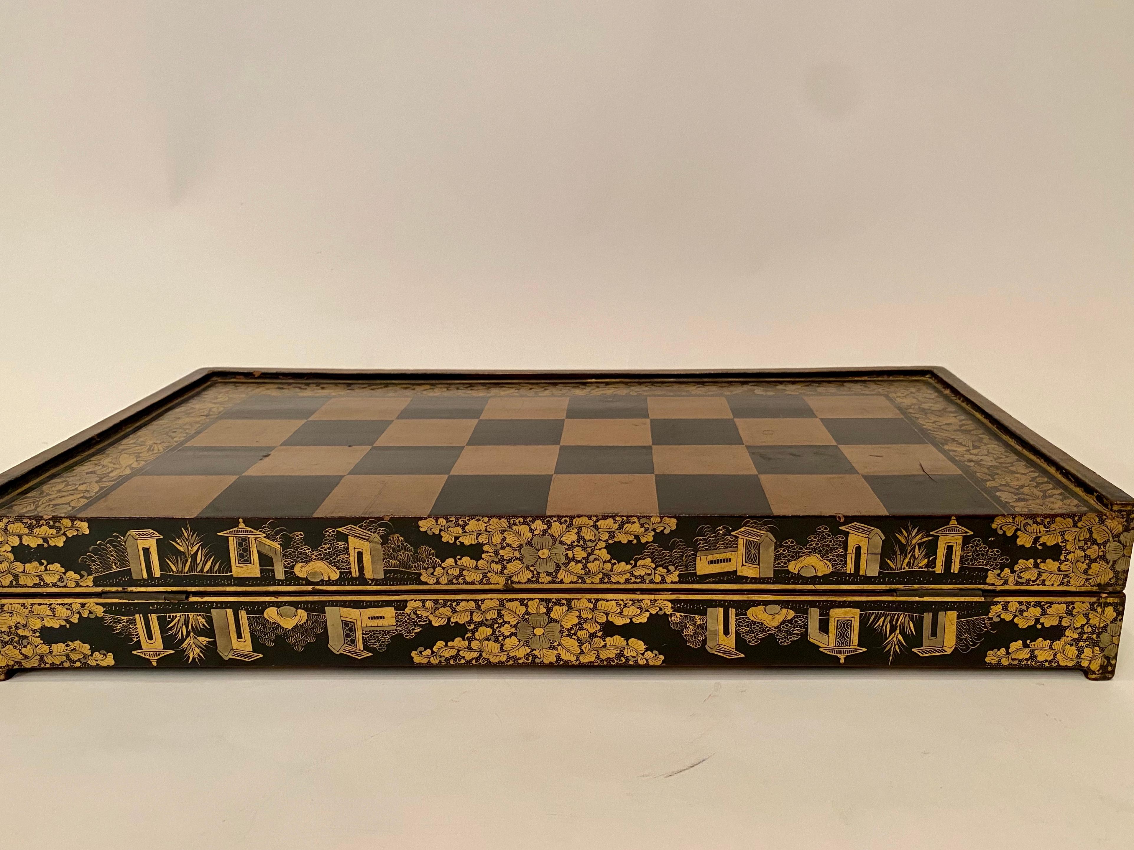 Hand-Carved 19th Century Chinese Export Lacquer Chess and Backgammon Board For Sale