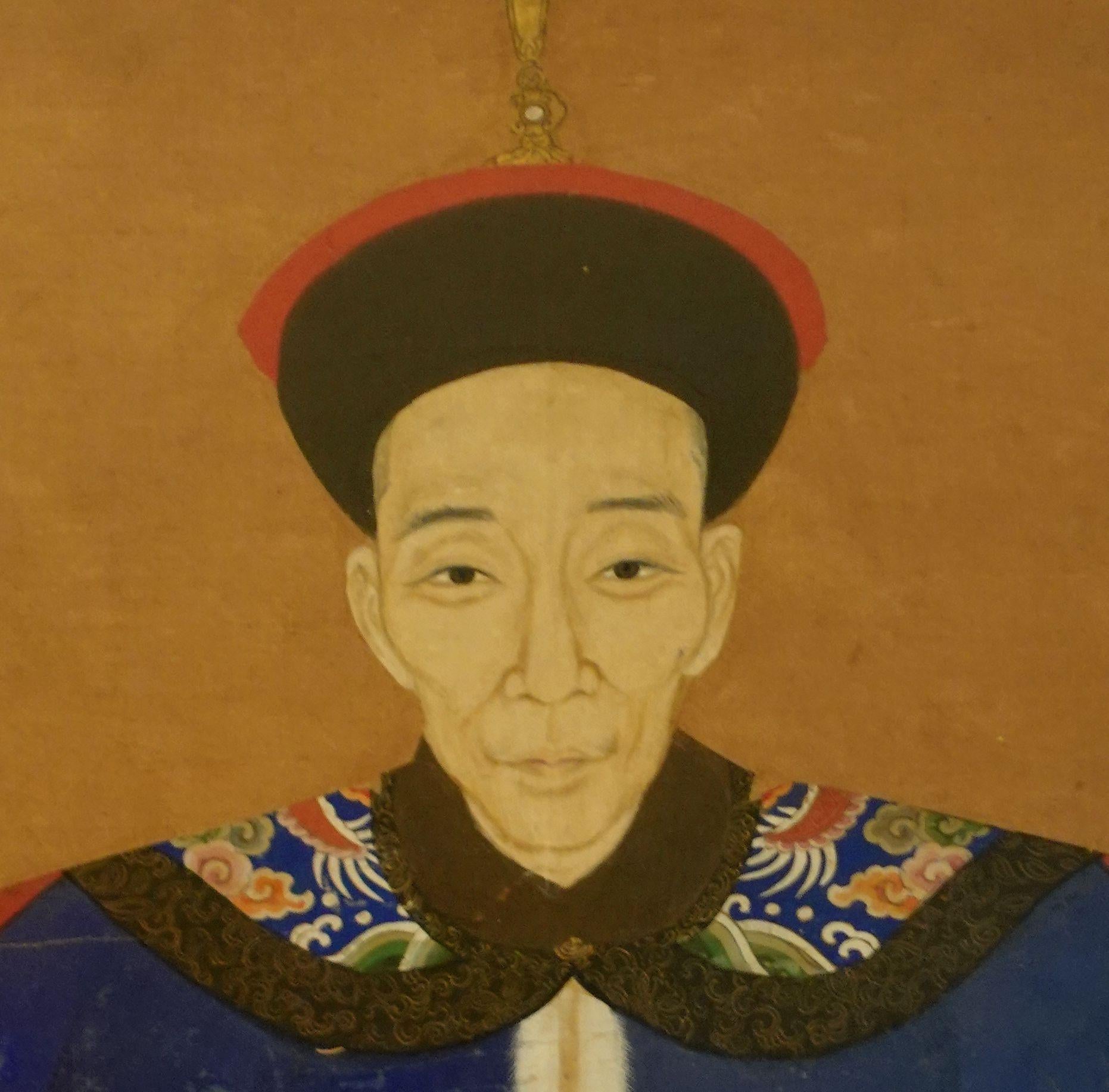 Qing Portrait d'un ancêtre chinois encadré du 19ème siècle, #Ric.p1 en vente