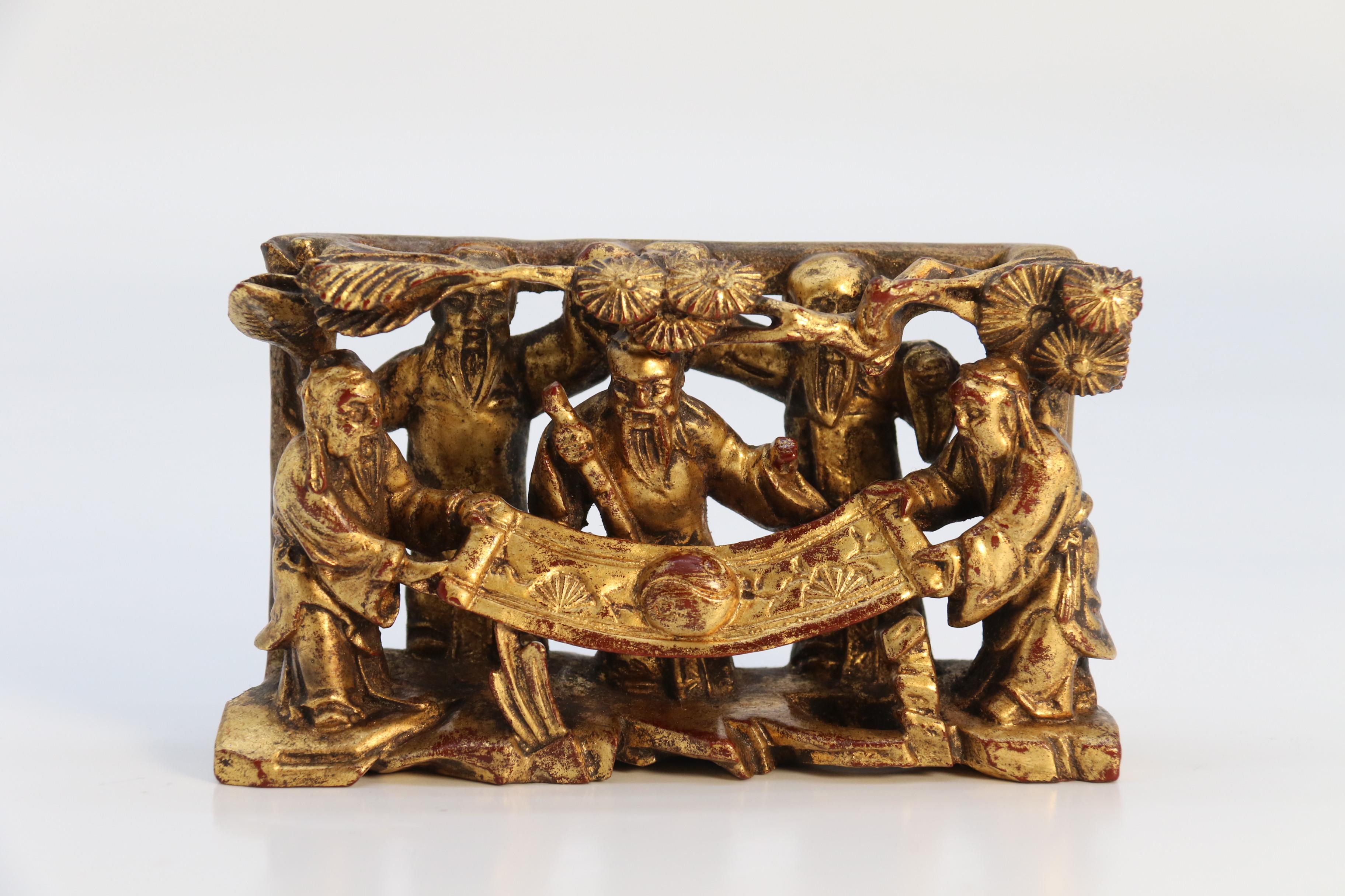 Late 19th Century A 19th century Chinese miniature carved giltwood figure group circa 1890 For Sale