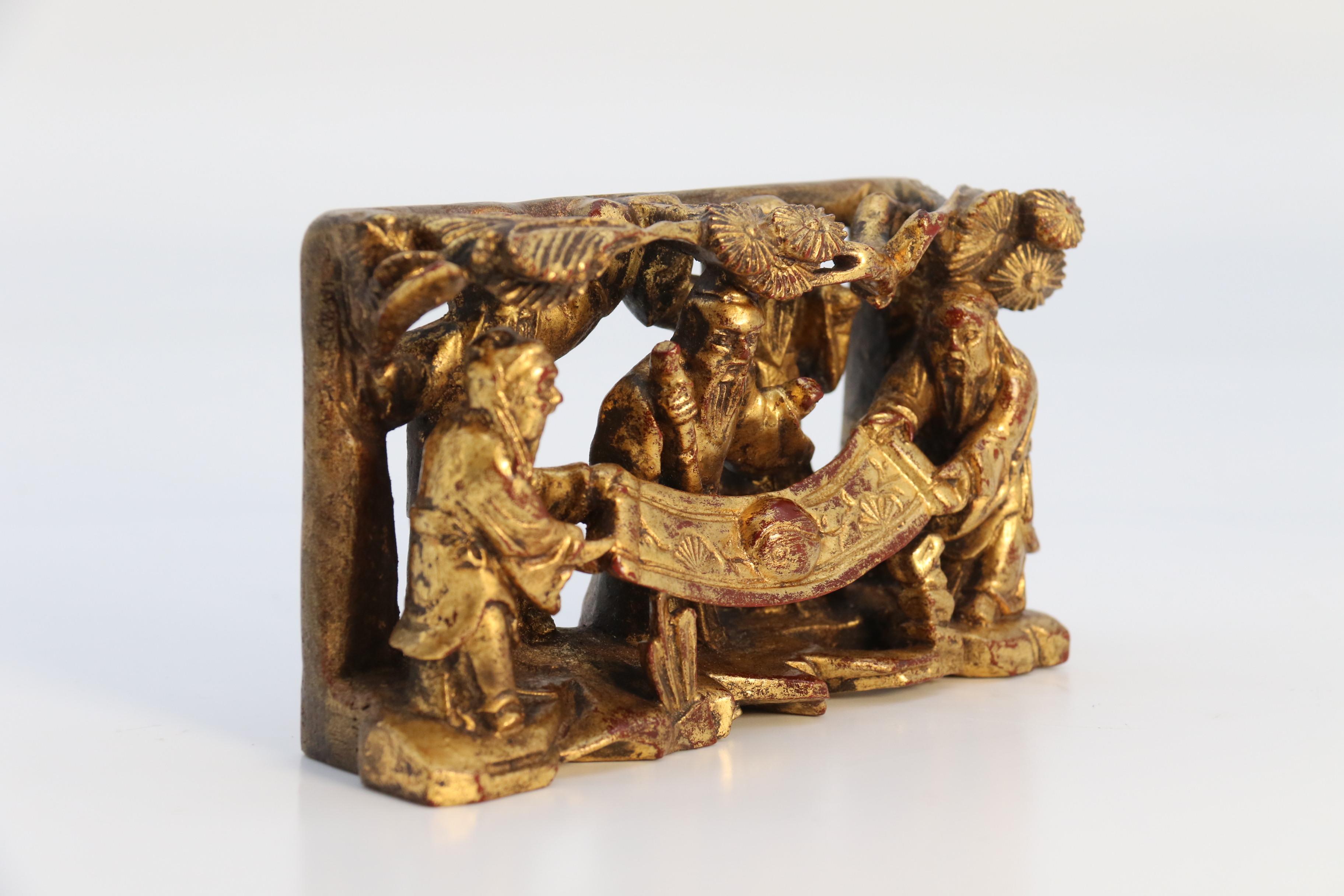 Giltwood A 19th century Chinese miniature carved giltwood figure group circa 1890 For Sale