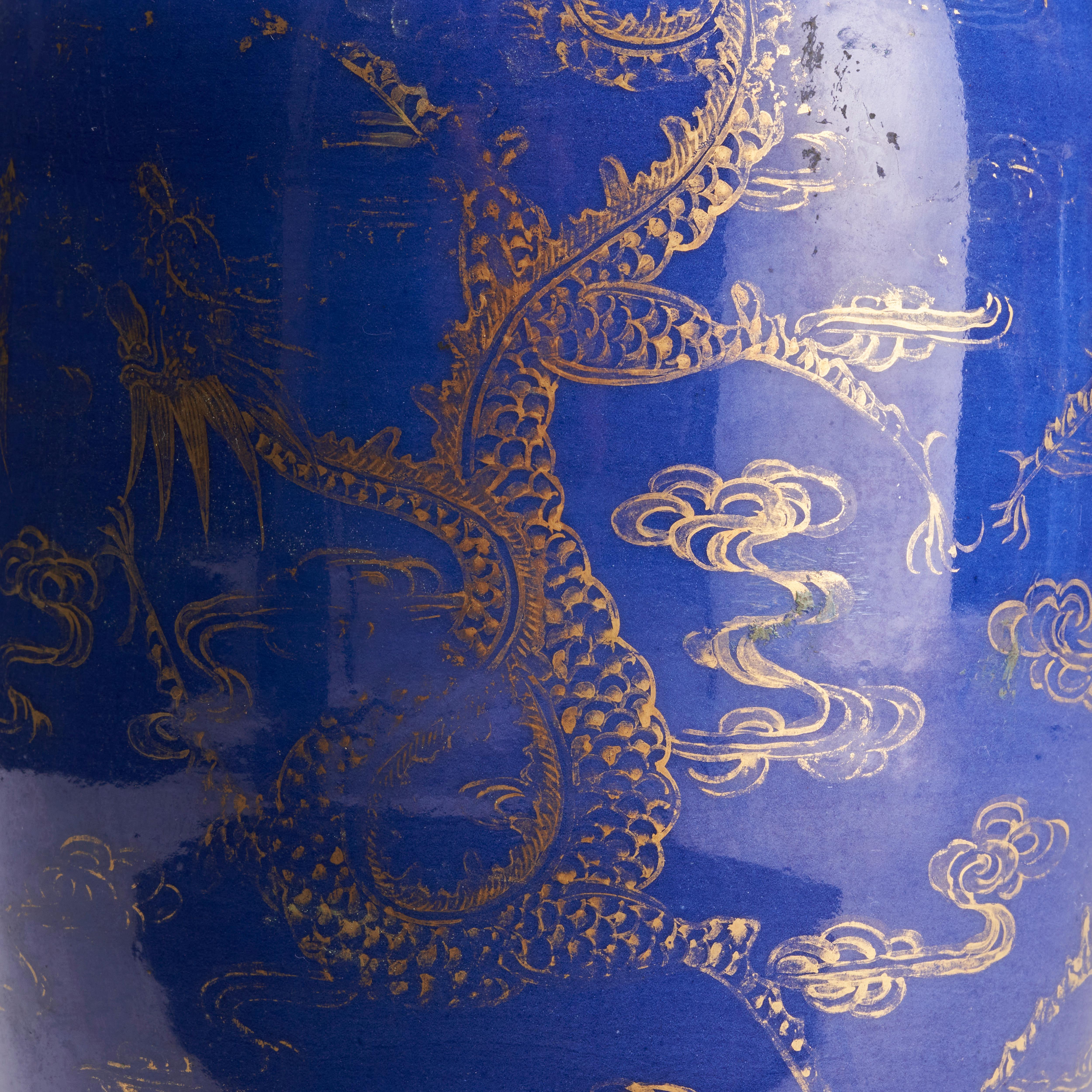 Porcelain A 19th Century Chinese porcelain powder blue rouleau vase with elegant dec For Sale