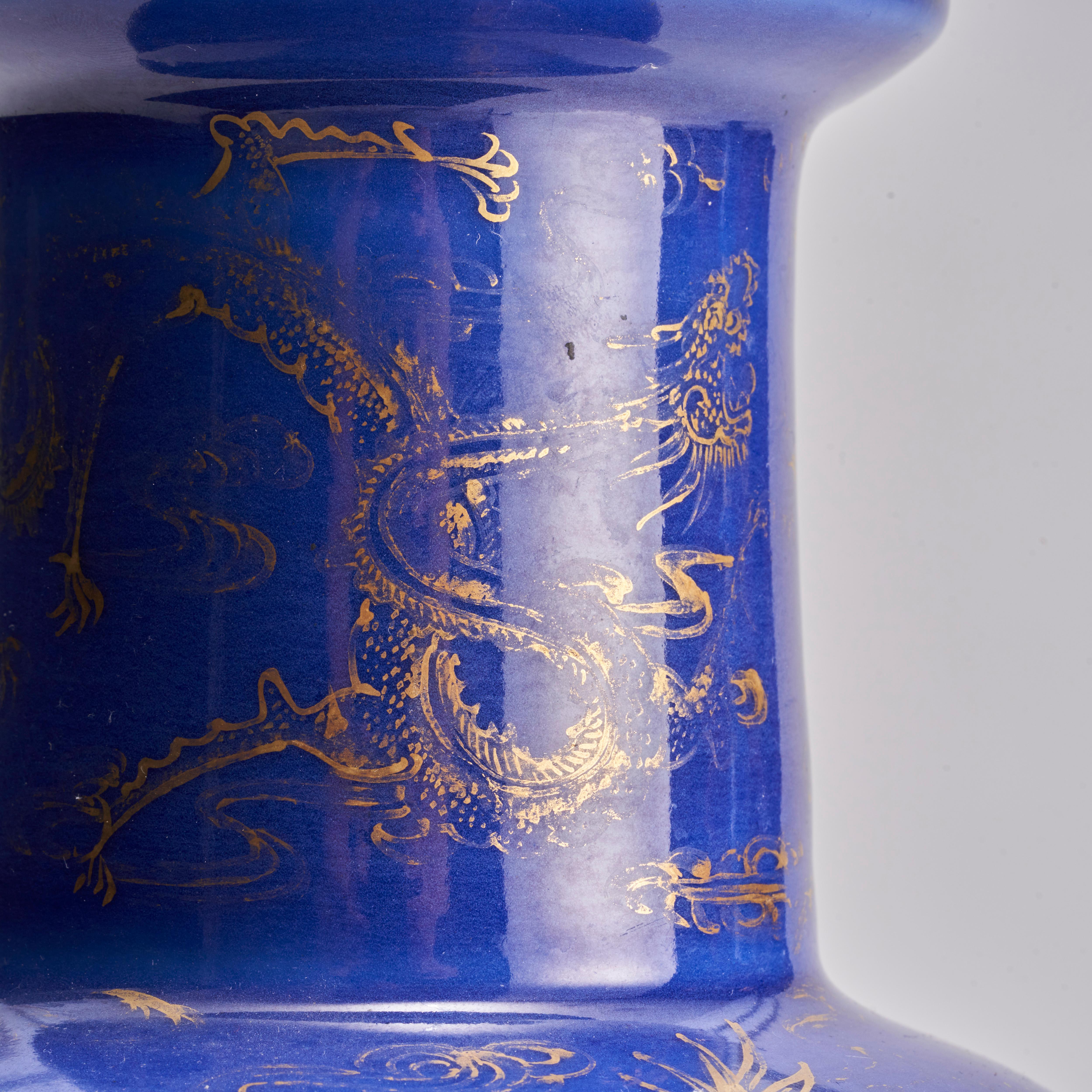 A 19th Century Chinese porcelain powder blue rouleau vase with elegant dec For Sale 1