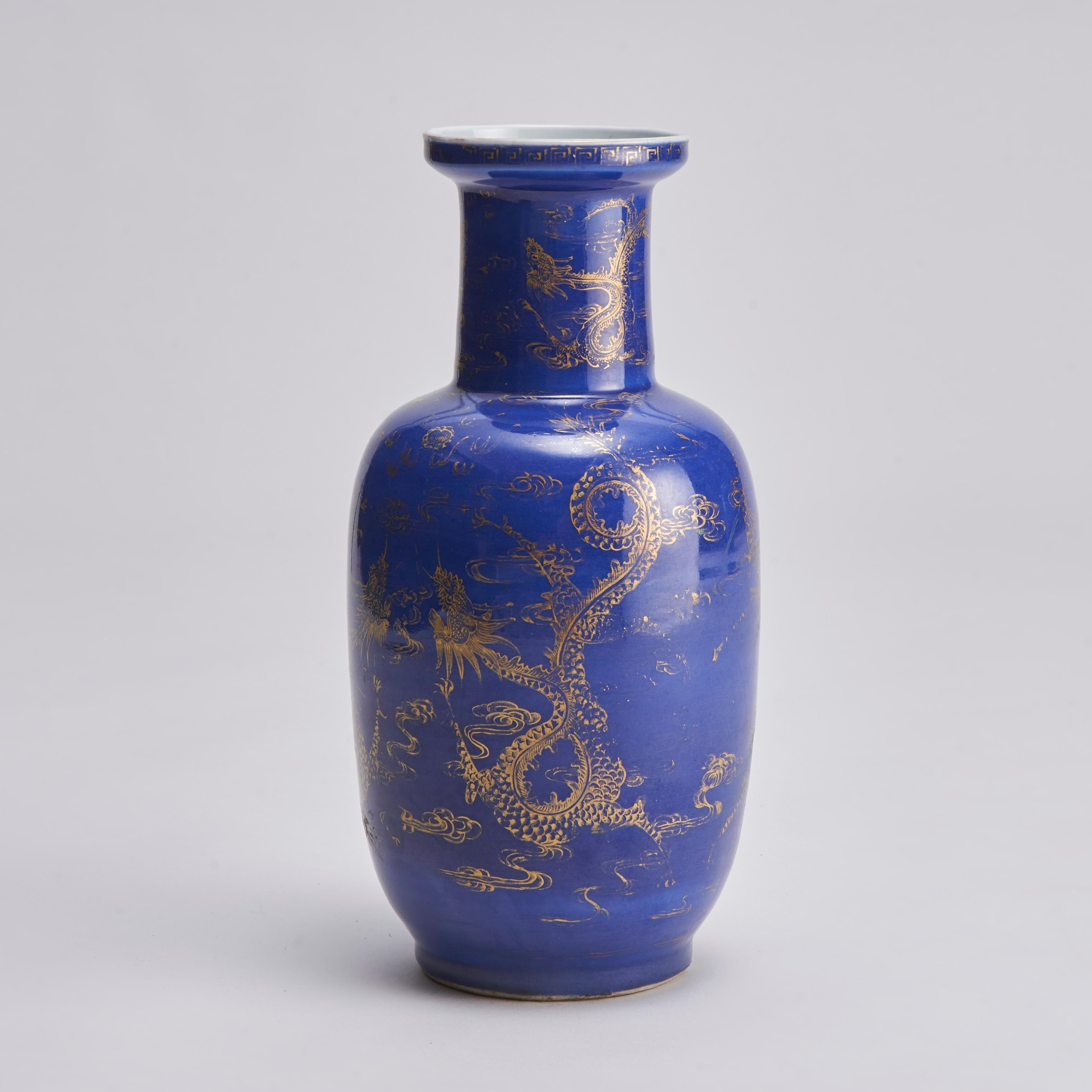 A 19th Century Chinese porcelain powder blue rouleau vase with elegant dec For Sale 2