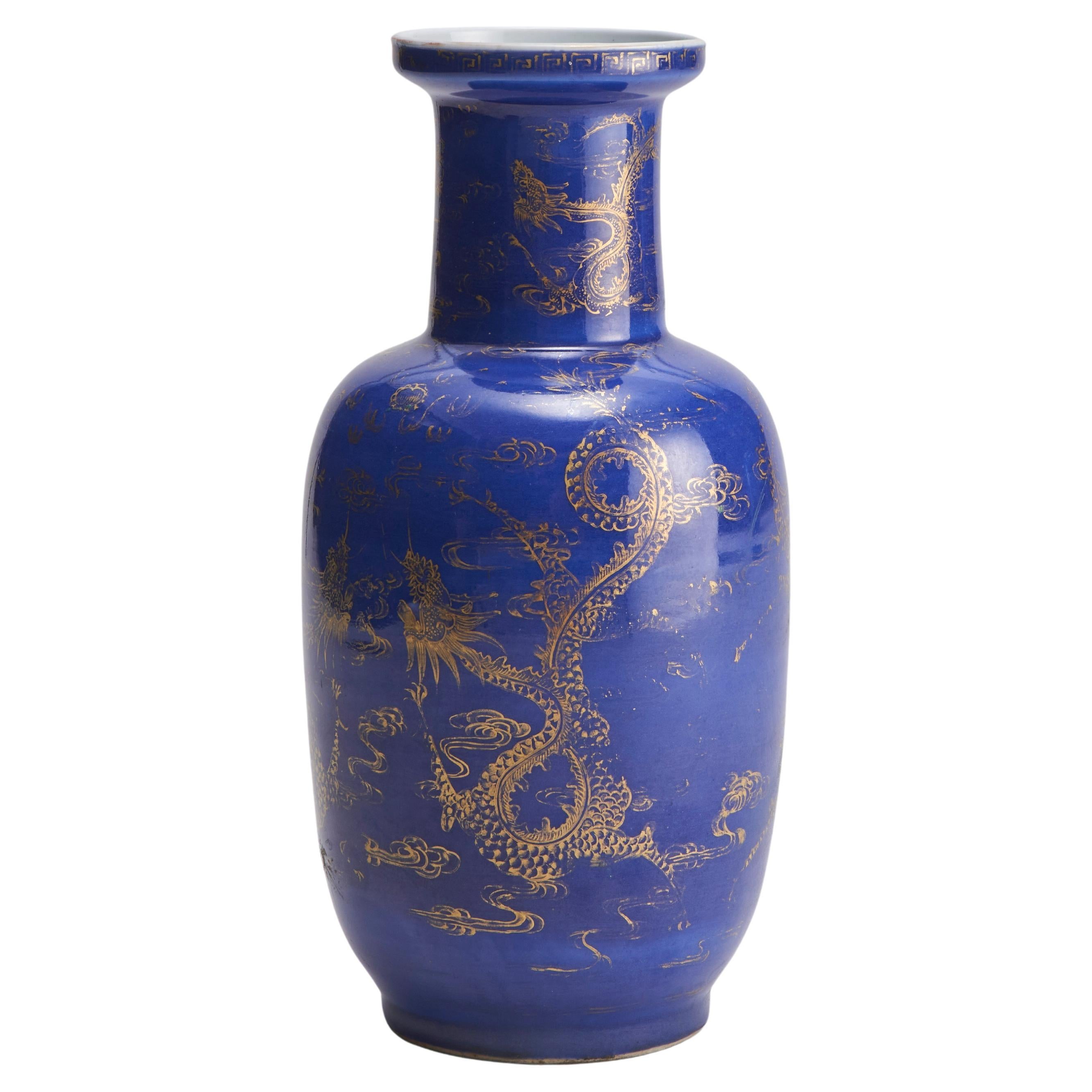 A 19th Century Chinese porcelain powder blue rouleau vase with elegant dec For Sale