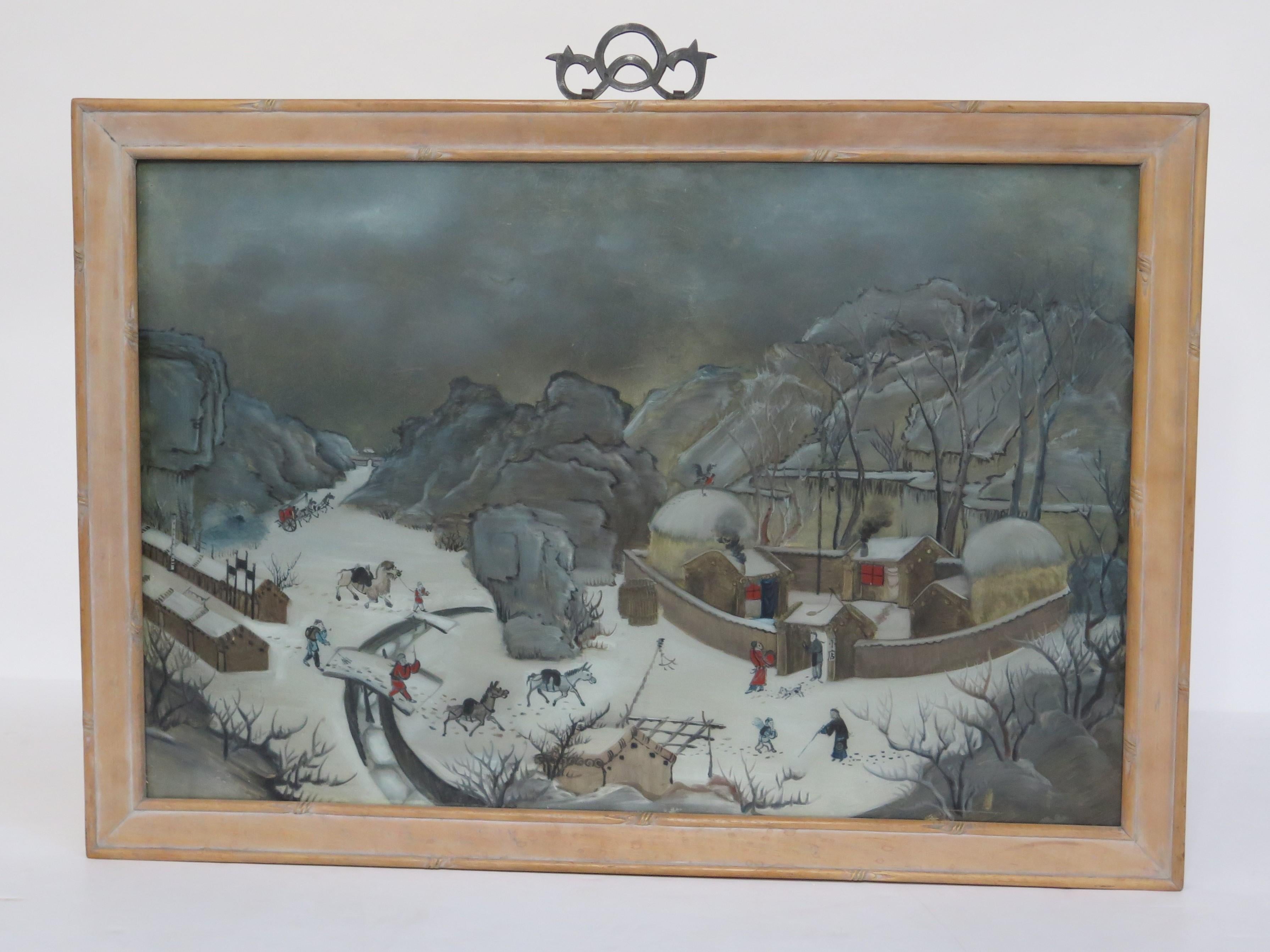 Pintura china al dorso sobre vidrio del siglo XIX Exportación china en venta