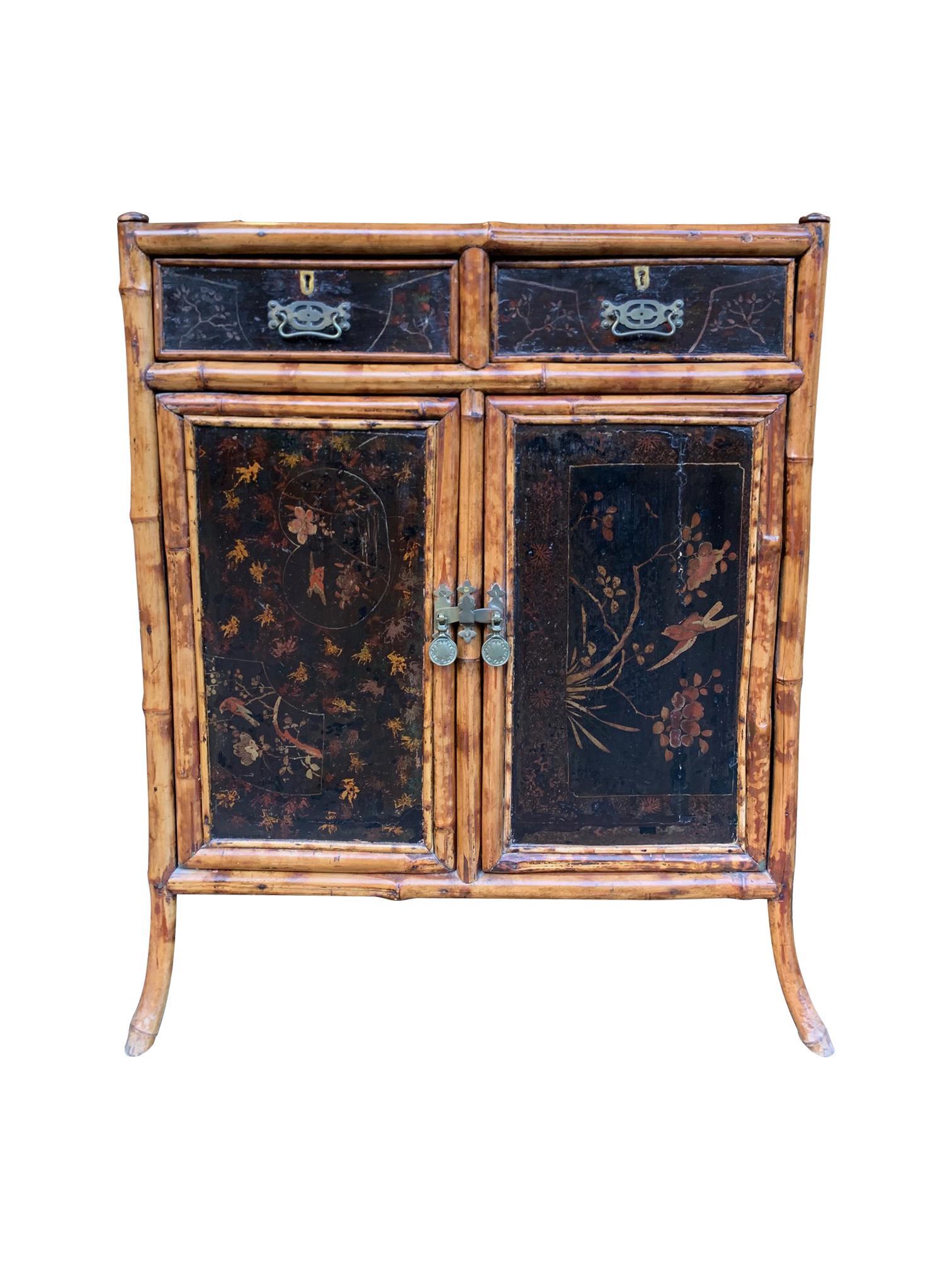 19th Century Chinoiserie Painted Bamboo Cabinet with Two Drawers and Two Doors 7