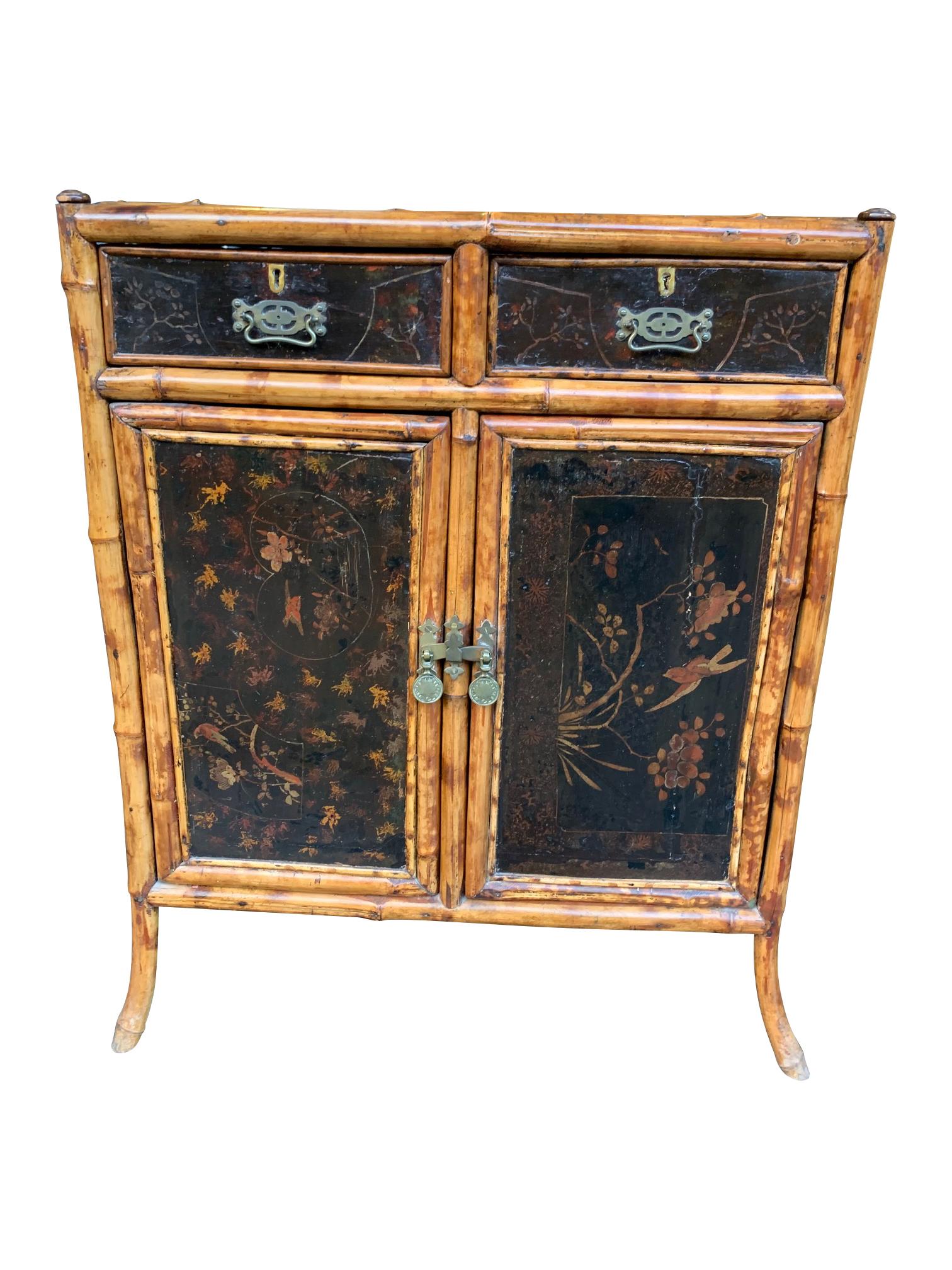 19th Century Chinoiserie Painted Bamboo Cabinet with Two Drawers and Two Doors 8