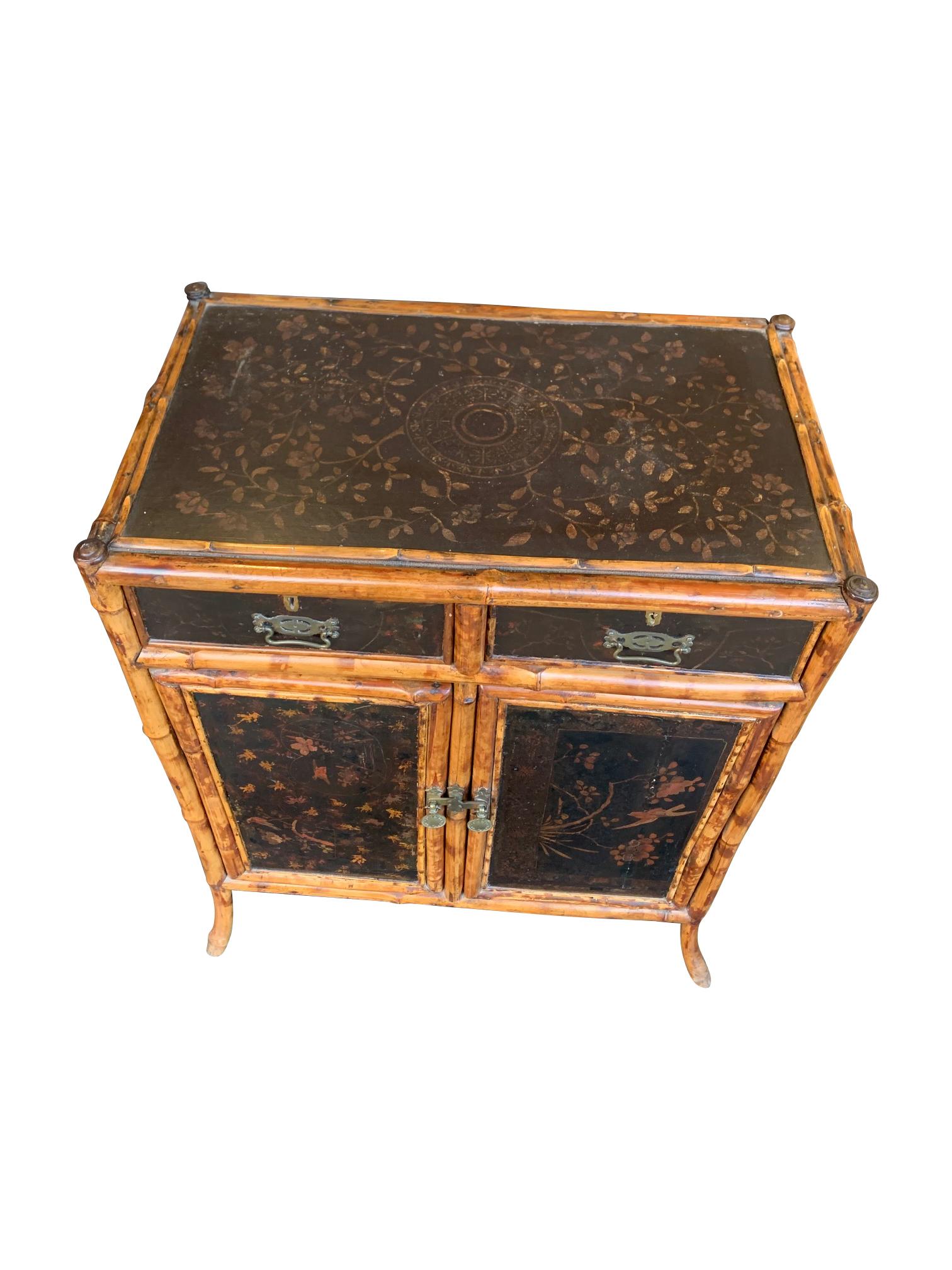 19th Century Chinoiserie Painted Bamboo Cabinet with Two Drawers and Two Doors 9