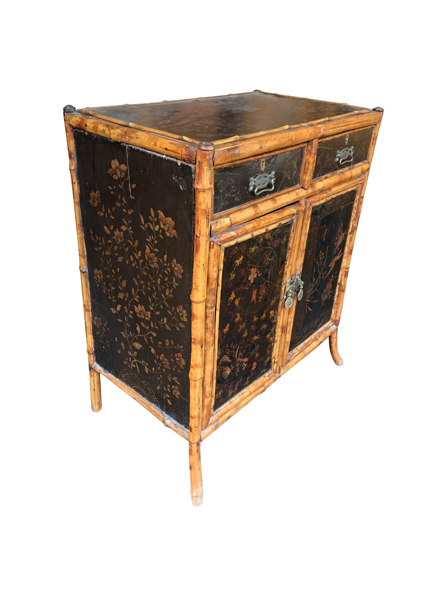 British 19th Century Chinoiserie Painted Bamboo Cabinet with Two Drawers and Two Doors