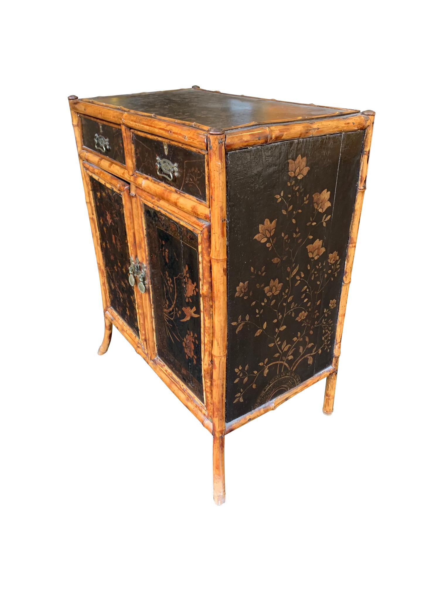 Late 19th Century 19th Century Chinoiserie Painted Bamboo Cabinet with Two Drawers and Two Doors