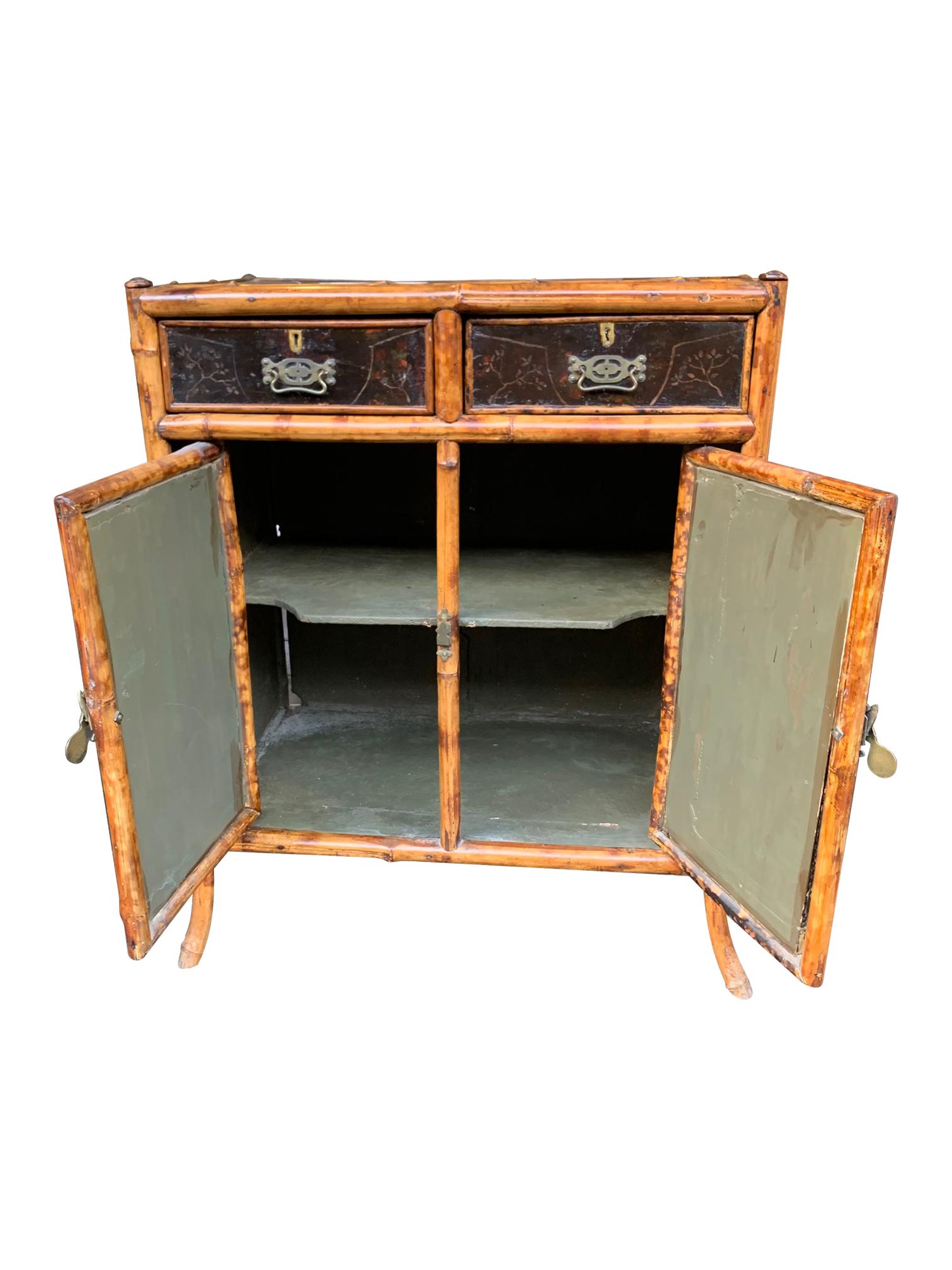 19th Century Chinoiserie Painted Bamboo Cabinet with Two Drawers and Two Doors 3
