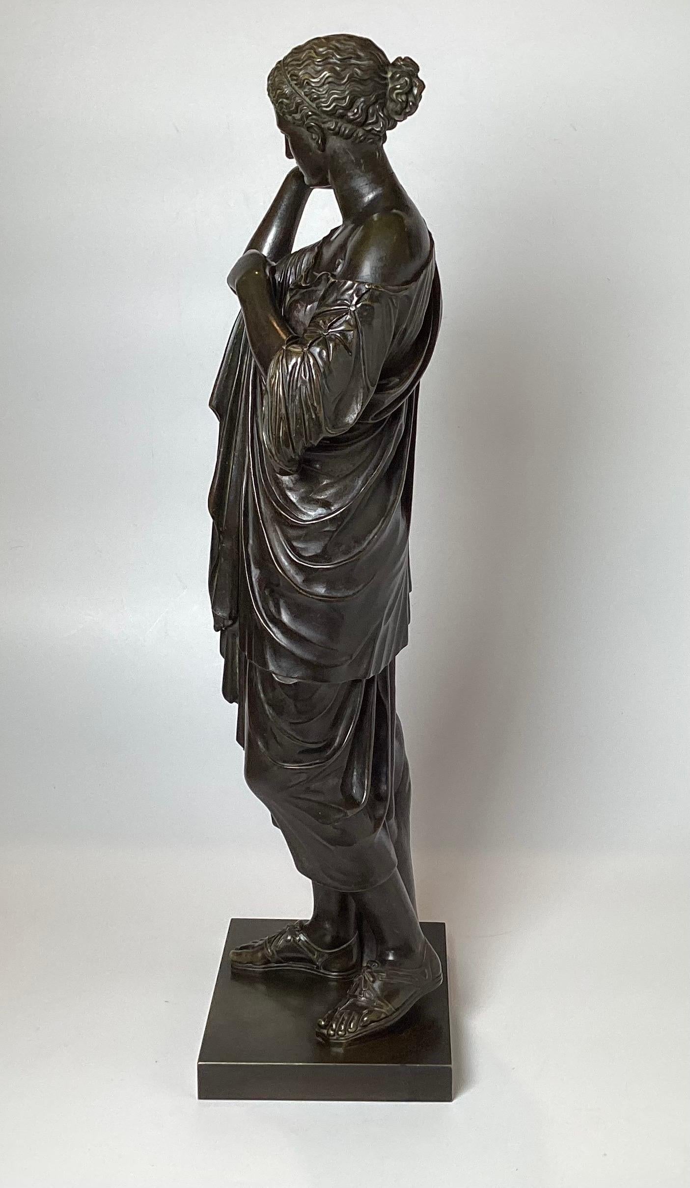 Patinated 19th Century Classical Bronze Draped Female Sculpture, Signed Delafortaine For Sale
