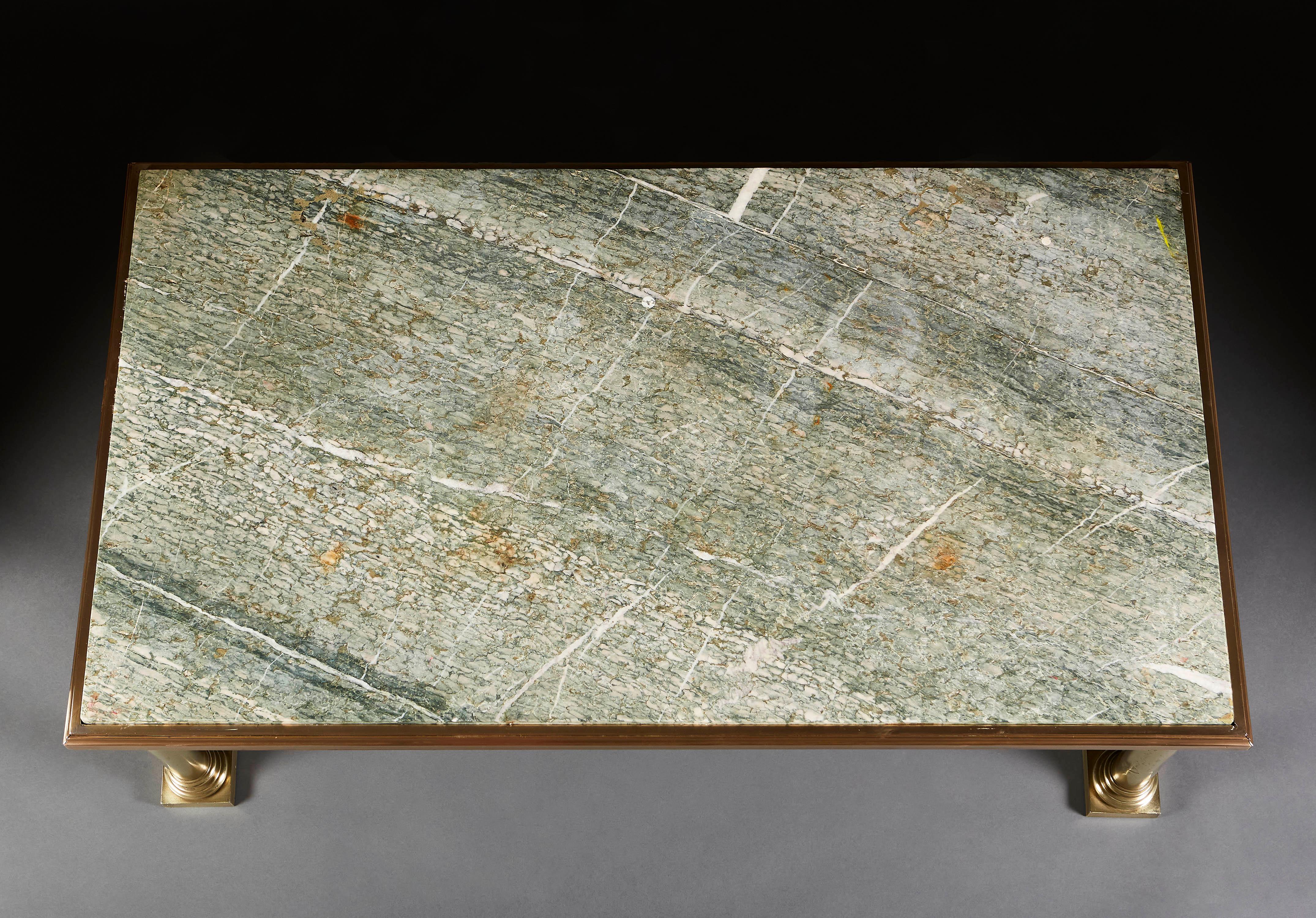 English 19th Century Coffee Table with Brass Base and Green Serpentine Marble Top