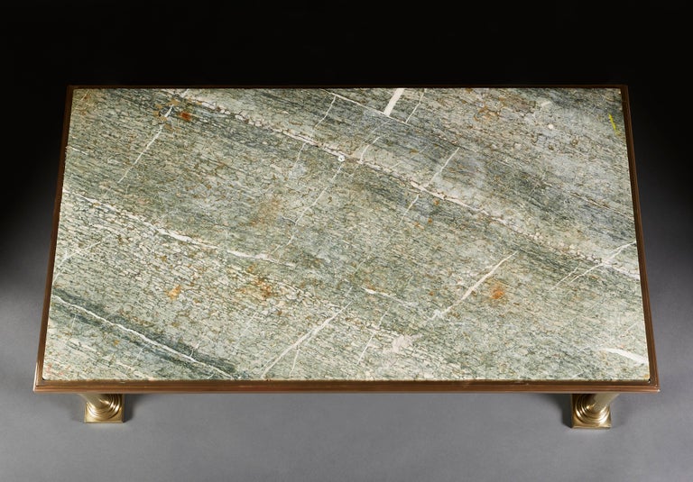 English 19th Century Coffee Table with Brass Base and Green Serpentine Marble Top For Sale