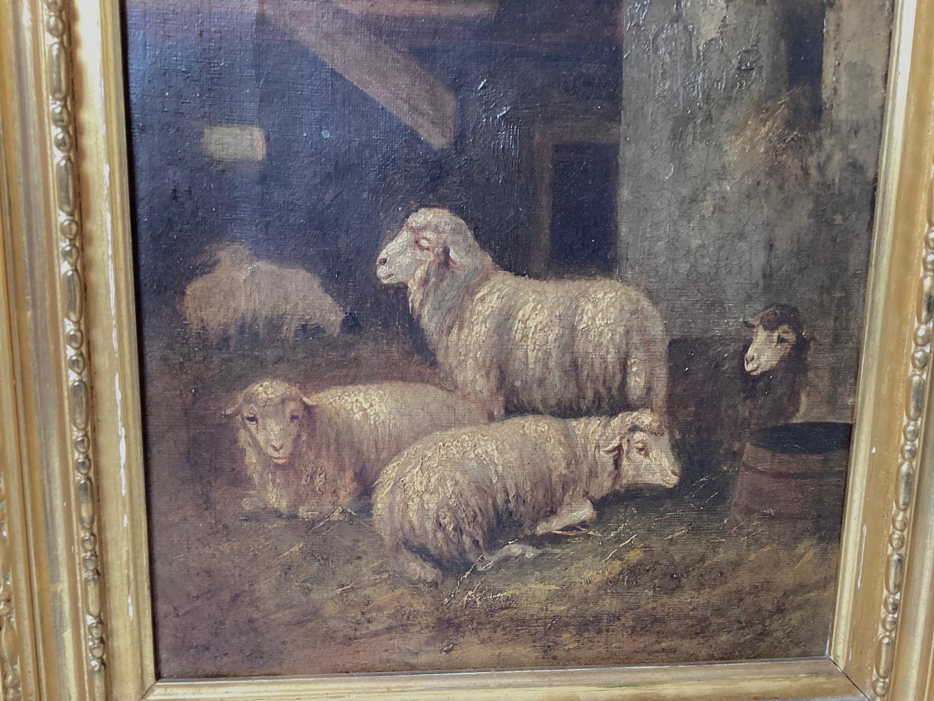 A European Continental School oil on canvas in elaborate original gilt and gesso frame. The painting depicts sheep in their barn in a calming and serine position. The elegant original giltwood frame with minor discoloration to the gold surface