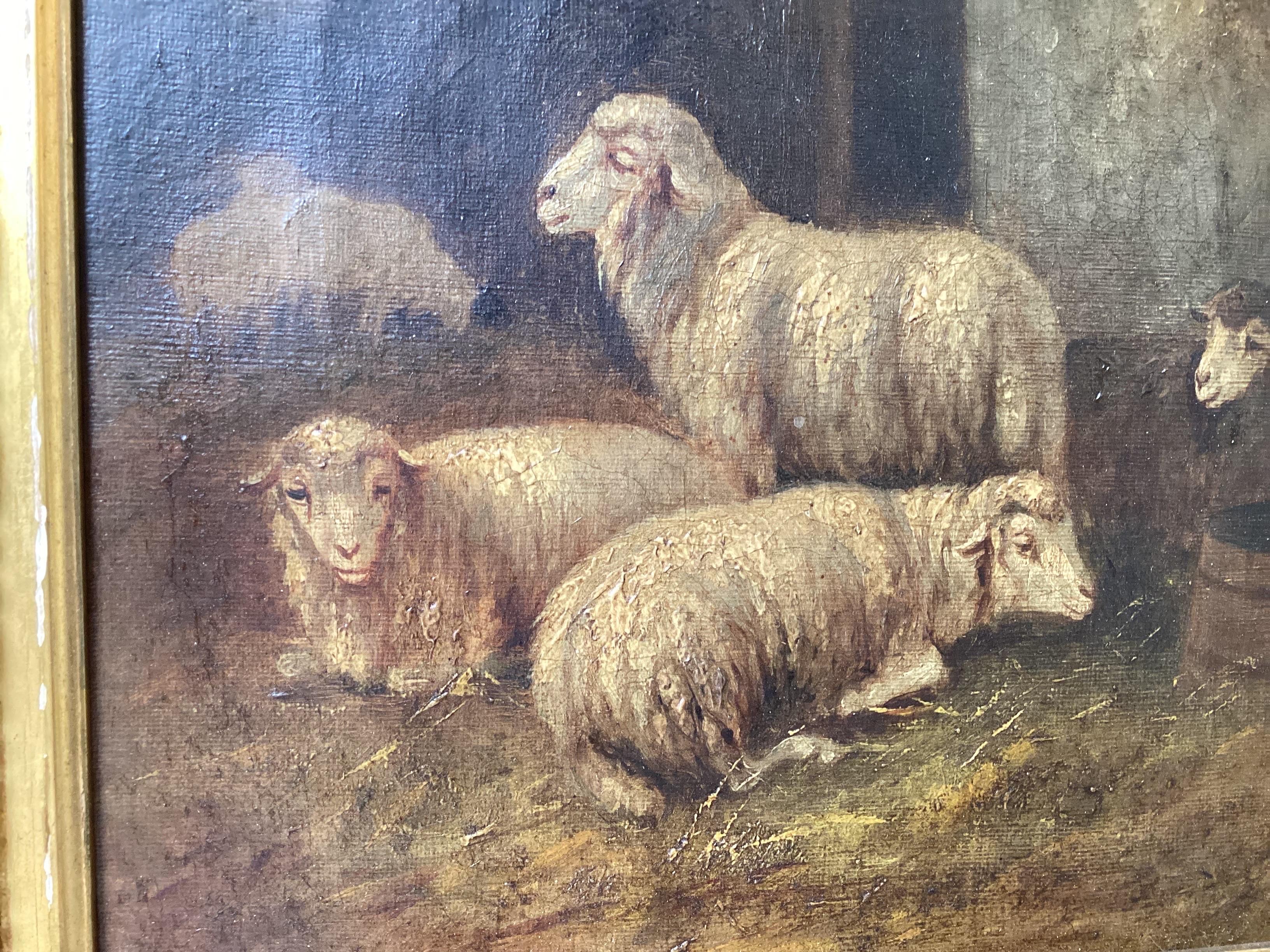 European 19th Century Continental School Oil on Canvas of Sheep in a Barn For Sale
