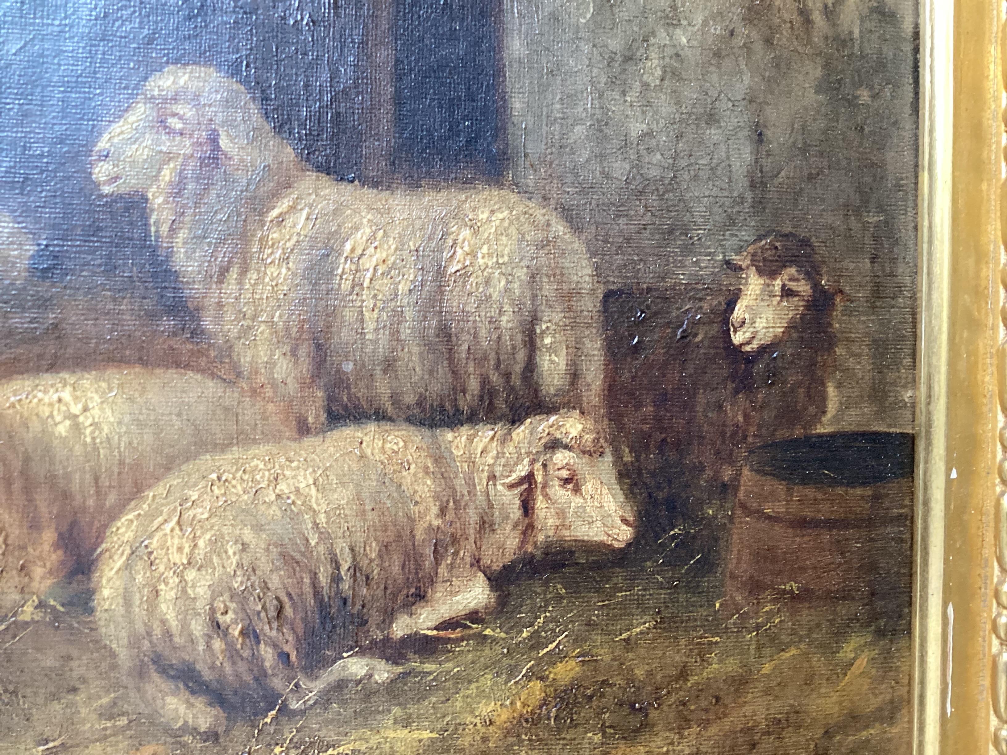 Hand-Painted 19th Century Continental School Oil on Canvas of Sheep in a Barn For Sale