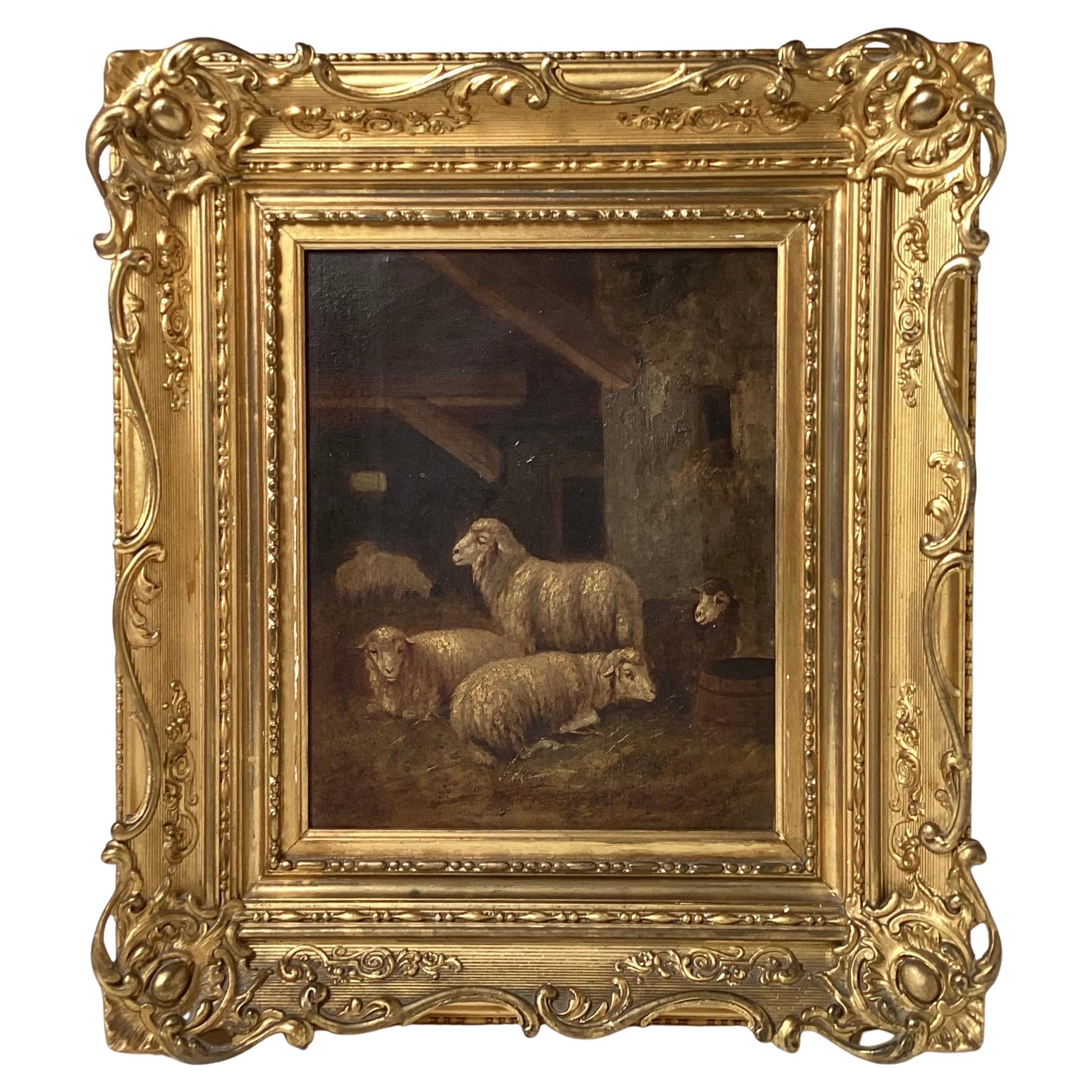19th Century Continental School Oil on Canvas of Sheep in a Barn For Sale