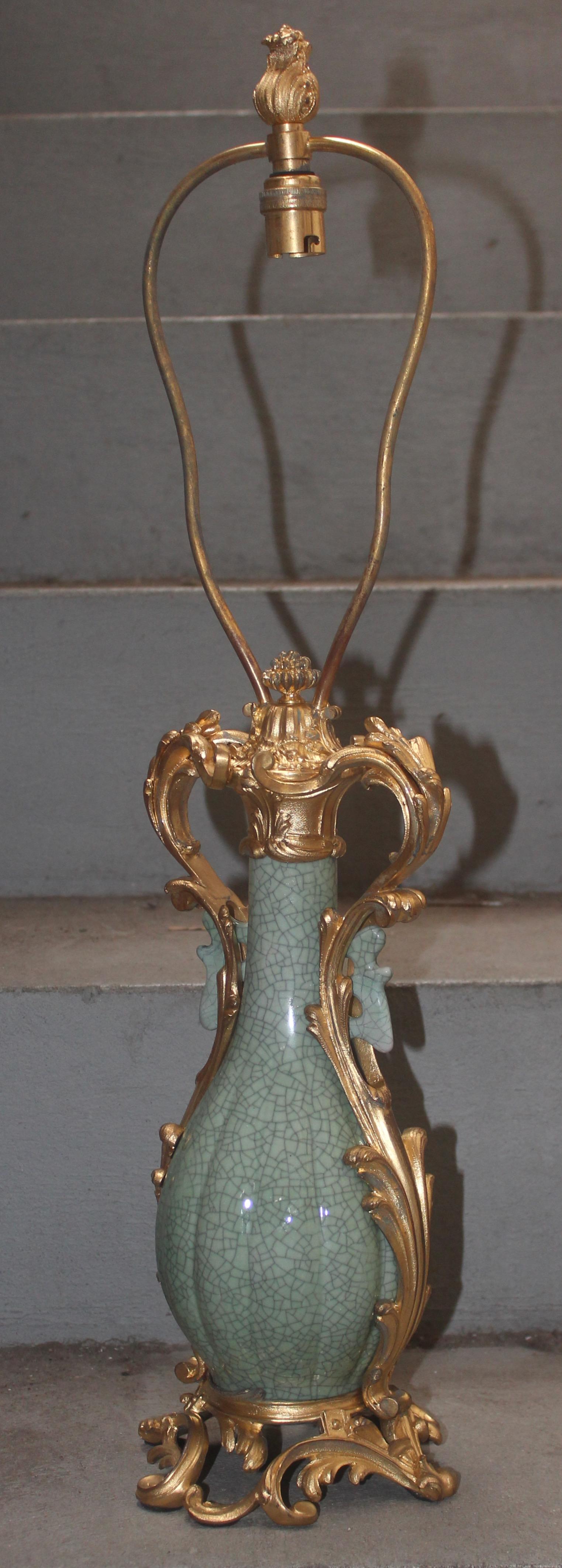 19th Century Craquelé Celadon Porcelain Vase Ormolu-Mounted in Lamp 4