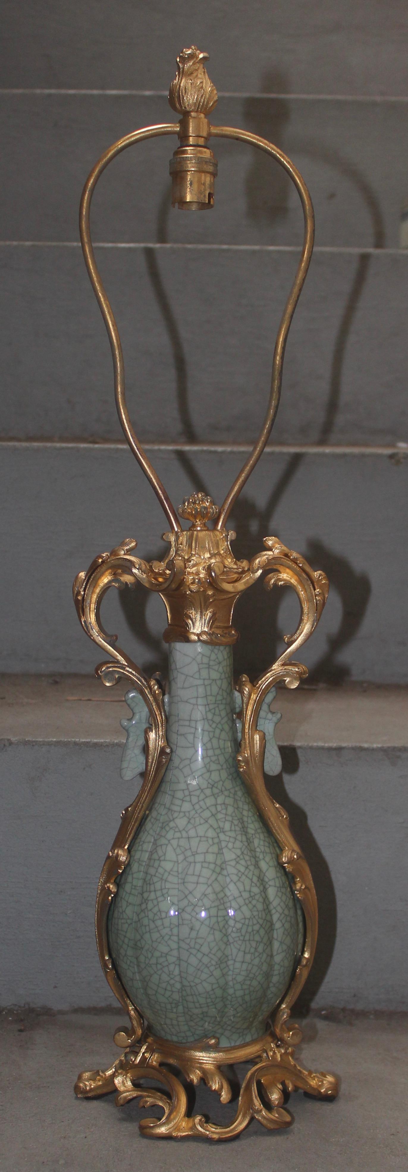 19th Century Craquelé Celadon Porcelain Vase Ormolu-Mounted in Lamp 5