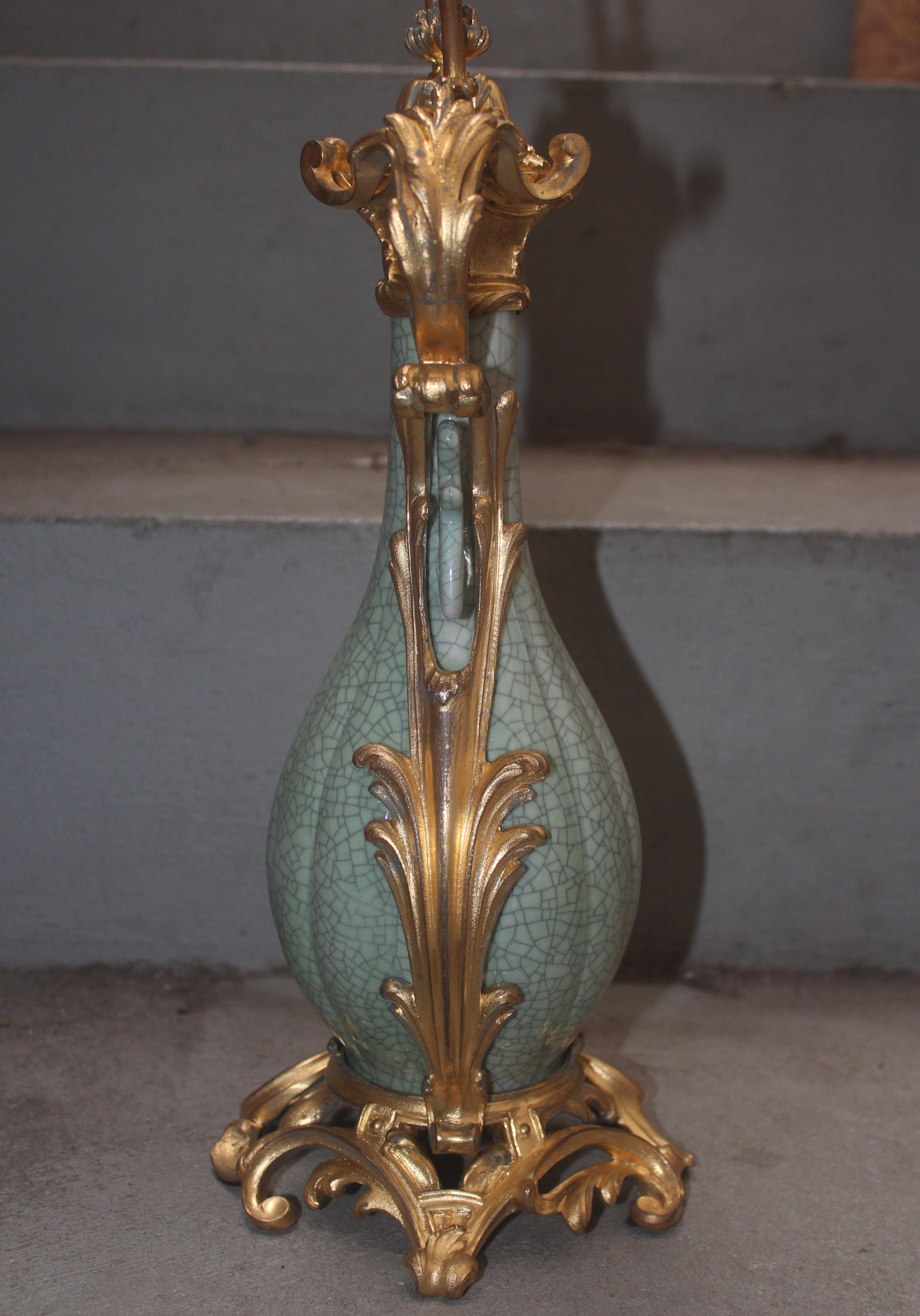 19th Century Craquelé Celadon Porcelain Vase Ormolu-Mounted in Lamp 6