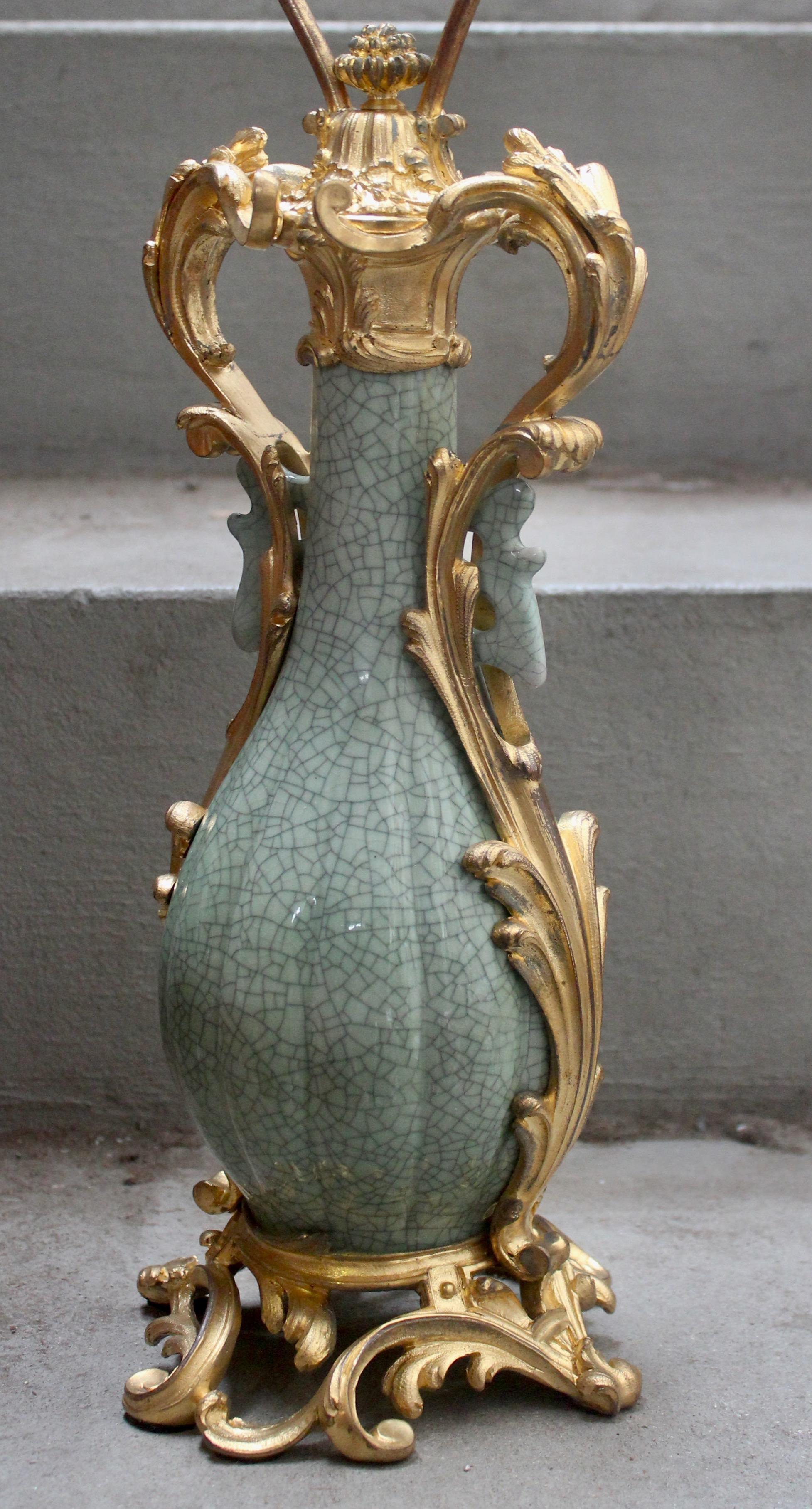 Louis XV 19th Century Craquelé Celadon Porcelain Vase Ormolu-Mounted in Lamp