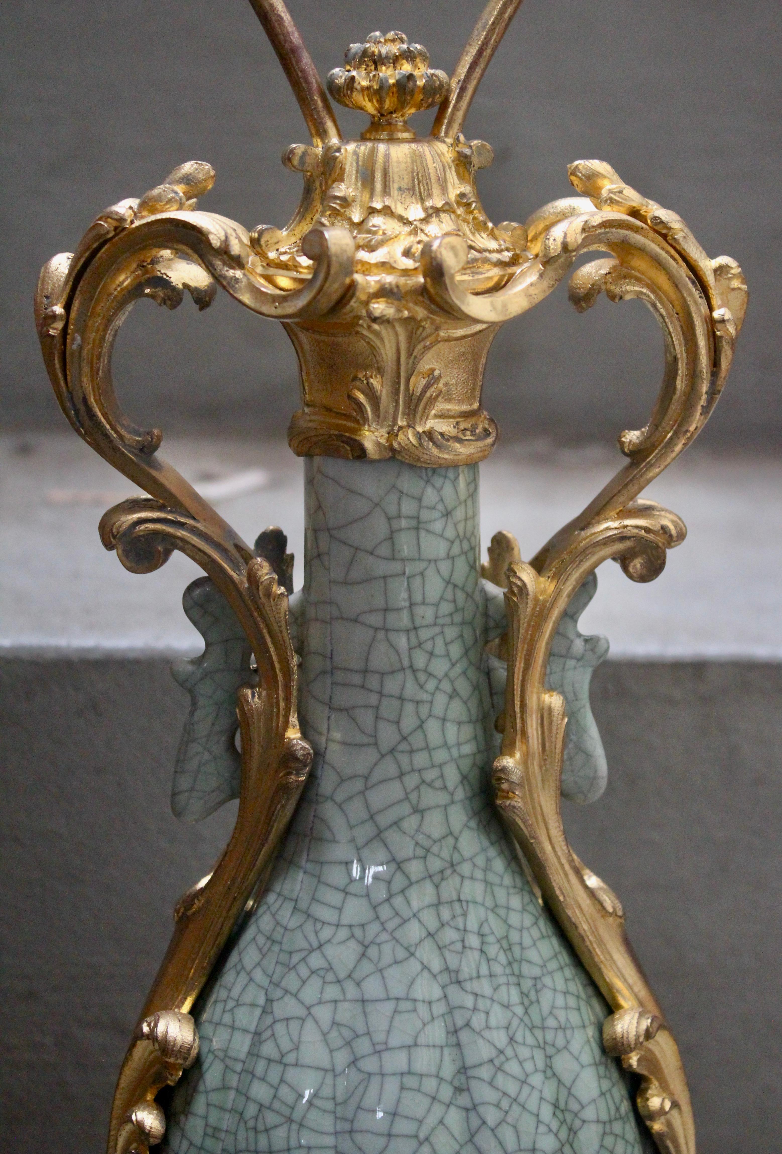 French 19th Century Craquelé Celadon Porcelain Vase Ormolu-Mounted in Lamp