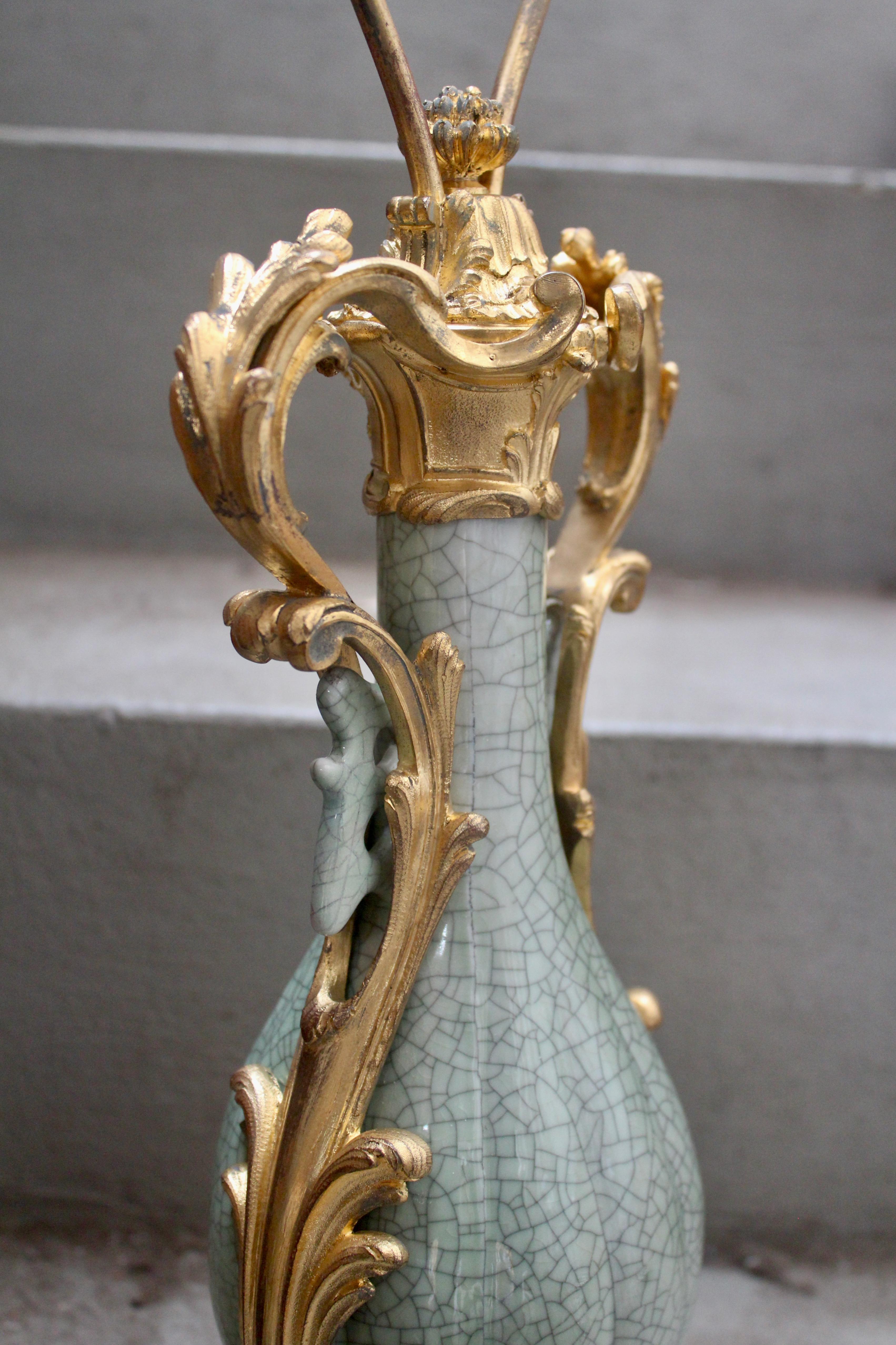 Gilt 19th Century Craquelé Celadon Porcelain Vase Ormolu-Mounted in Lamp