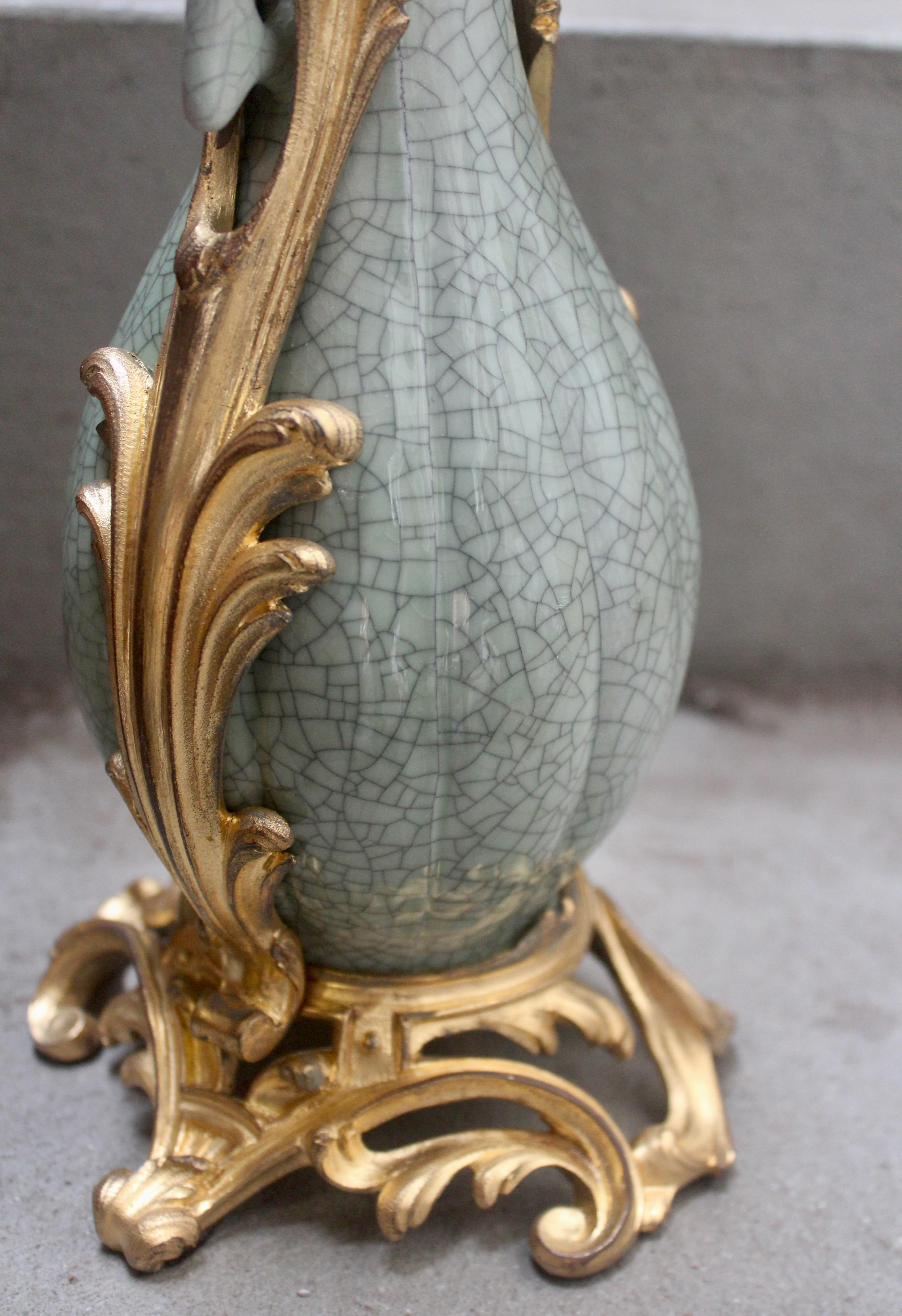 19th Century Craquelé Celadon Porcelain Vase Ormolu-Mounted in Lamp In Good Condition In Saint-Ouen, FR