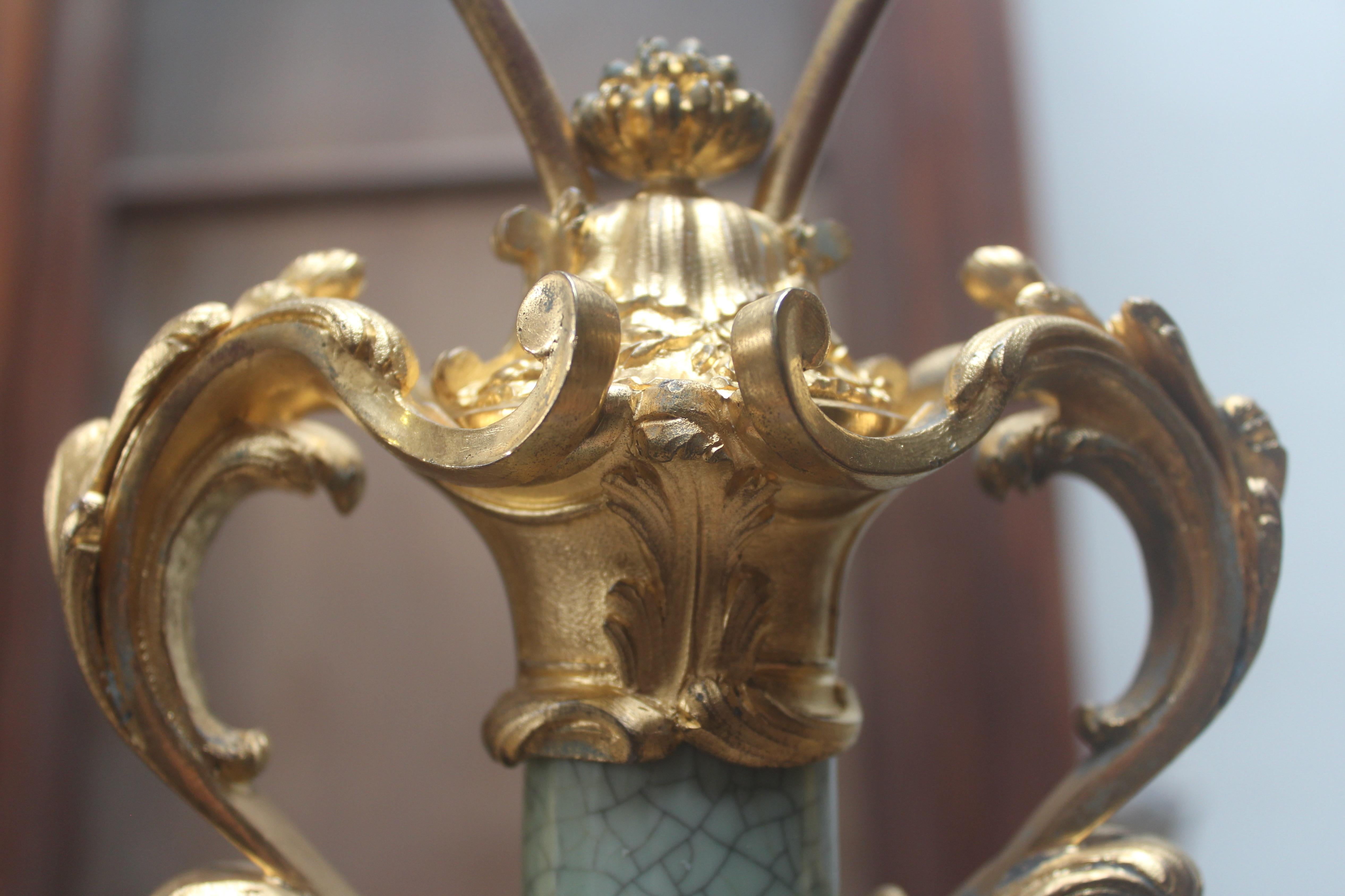 19th Century Craquelé Celadon Porcelain Vase Ormolu-Mounted in Lamp 1