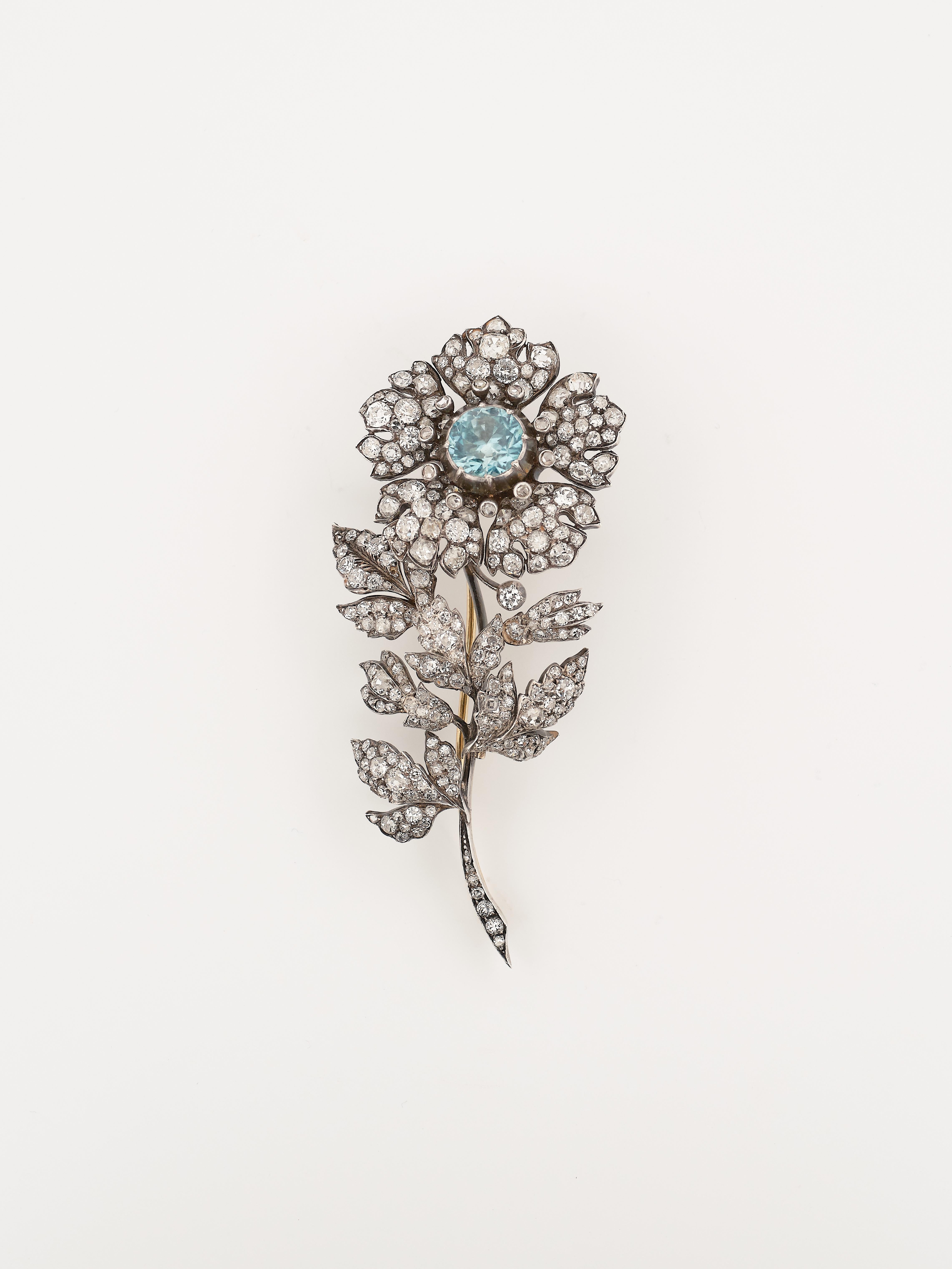 Rose Cut A 19th century diamond and zircon rose brooch For Sale