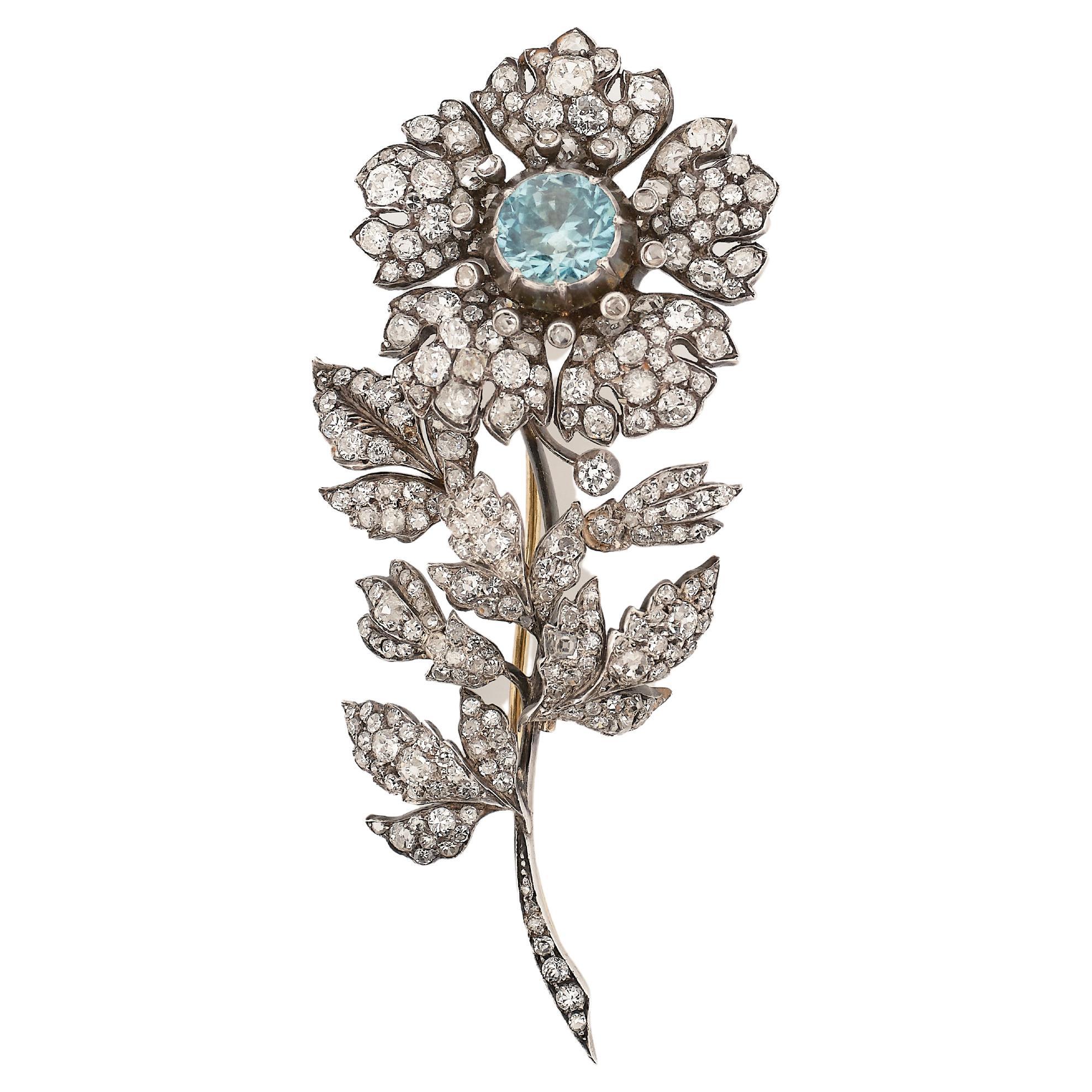 A 19th century diamond and zircon rose brooch For Sale