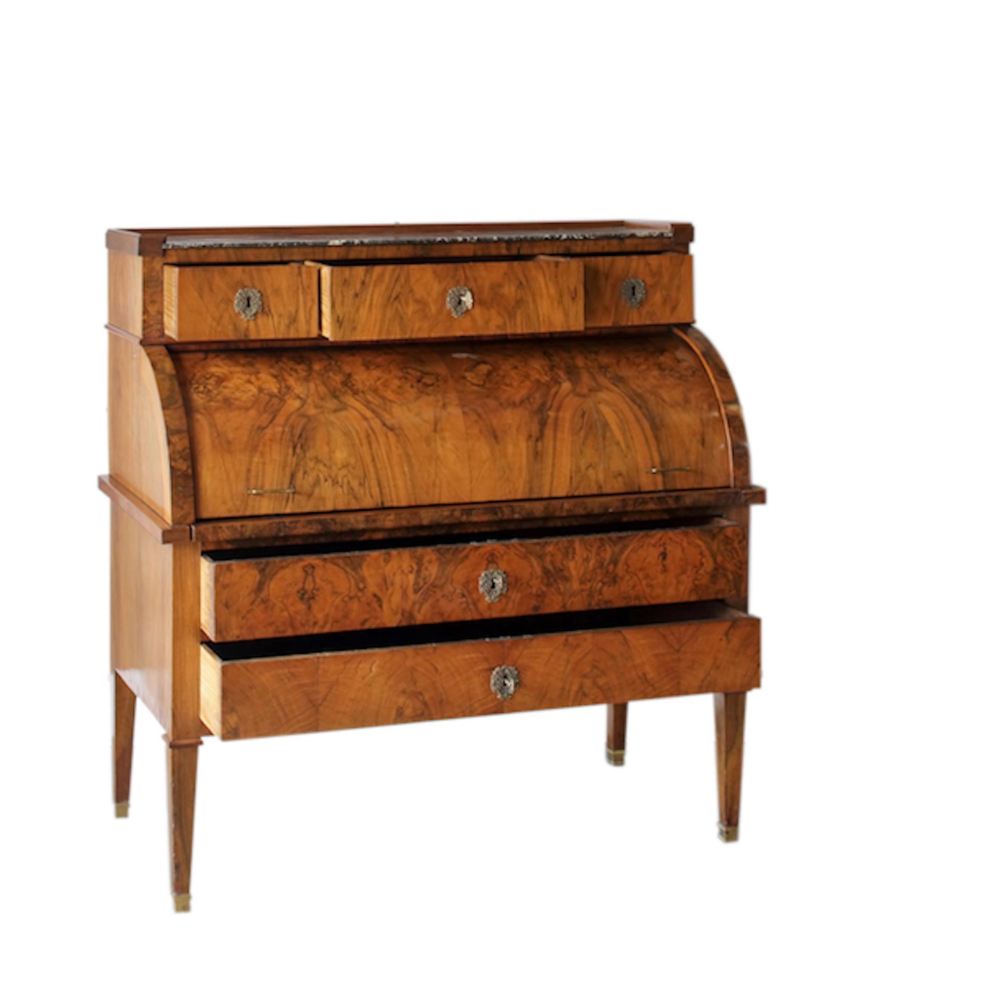 Veneer A 19th Century Directoire Period Walnut Cylinder Roll Top Writing Desk For Sale