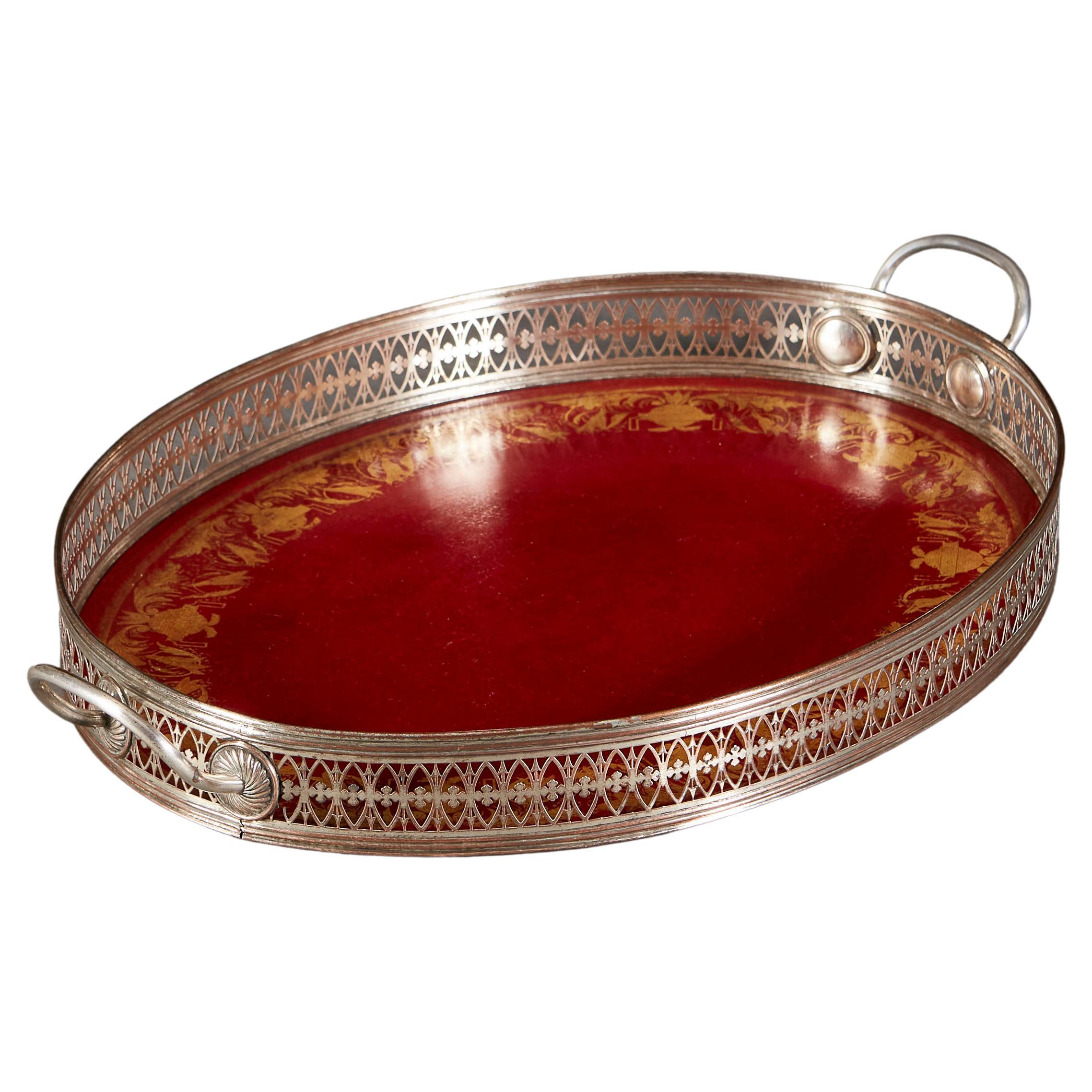 19th Century Directoire Silver Tray with Red Lacquer