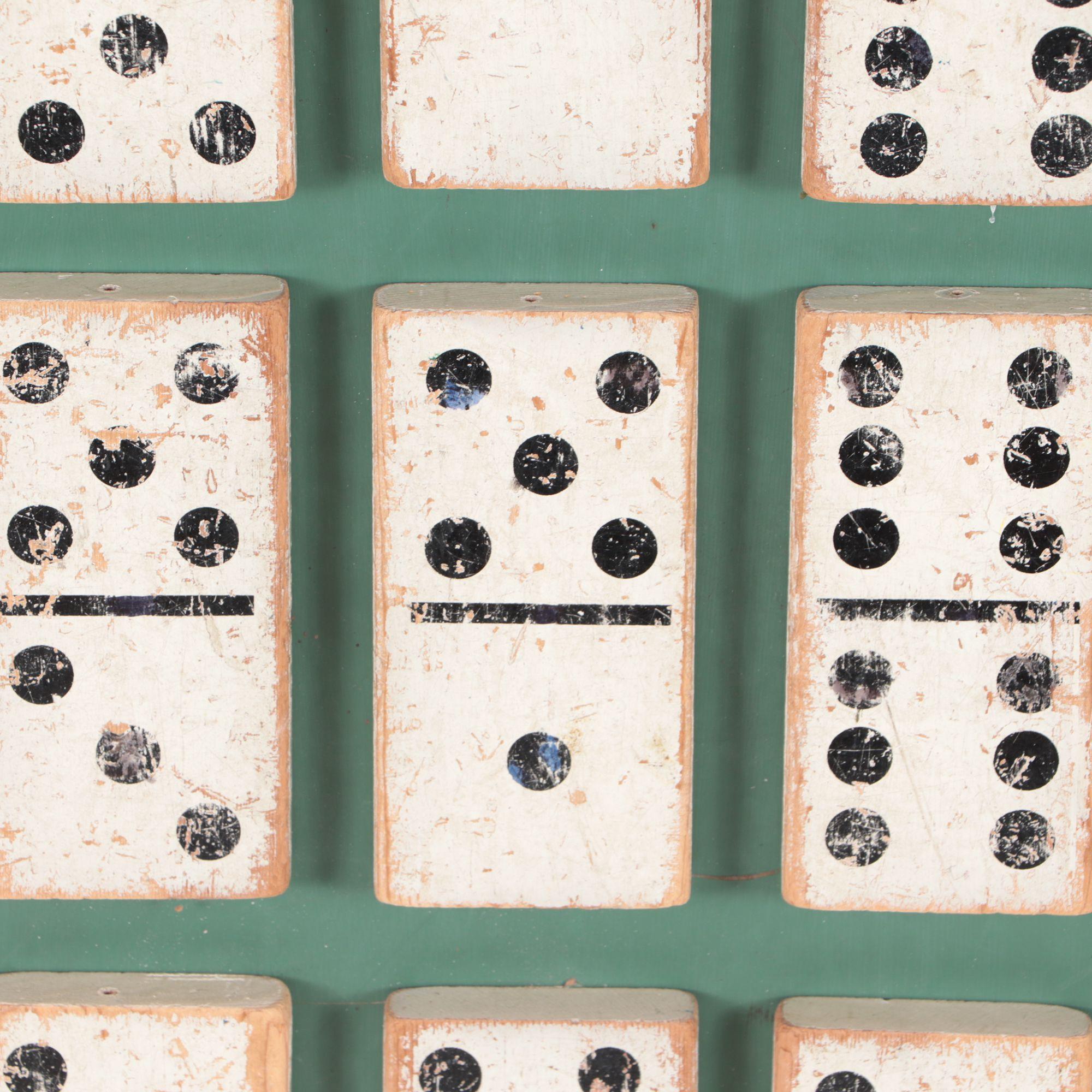 19th Century Dominoes Folk Art Assemblage Encased in a Green Painted Wood Fra In Good Condition In Philadelphia, PA