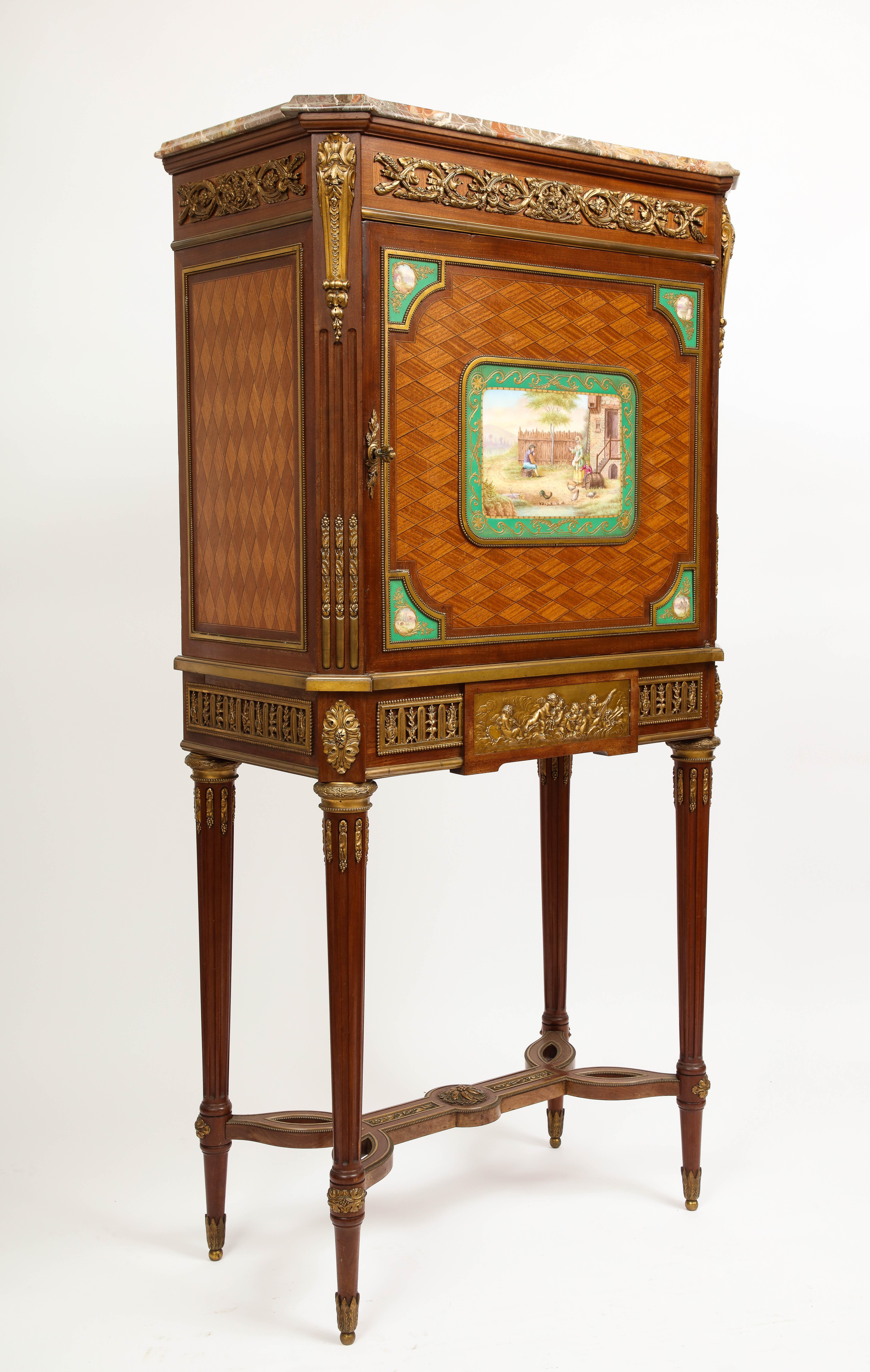 Belle Époque 19th Century Dore Bronze and Sèvres Porcelain Mounted Parquetry Cabinet For Sale