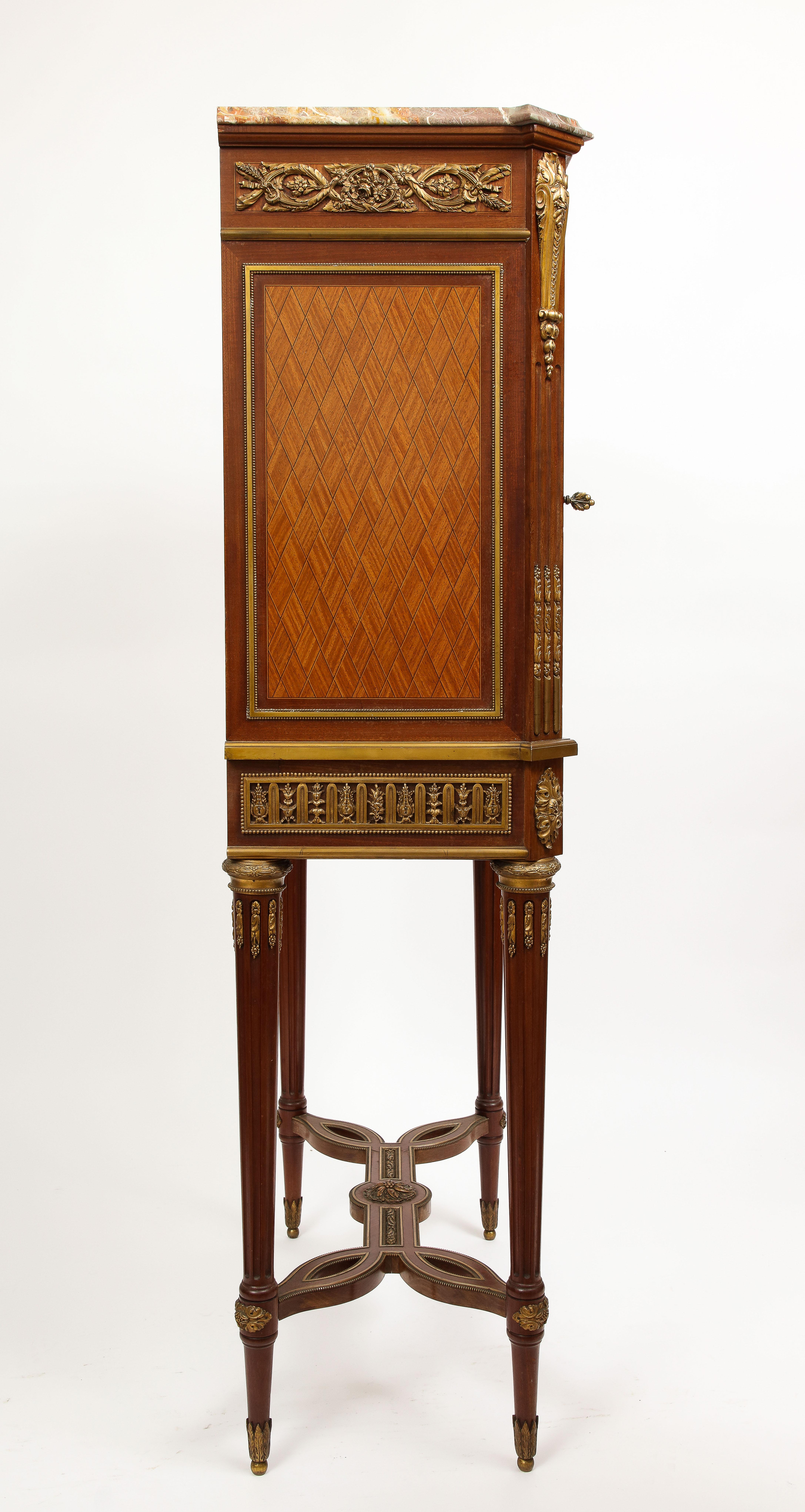 French 19th Century Dore Bronze and Sèvres Porcelain Mounted Parquetry Cabinet For Sale