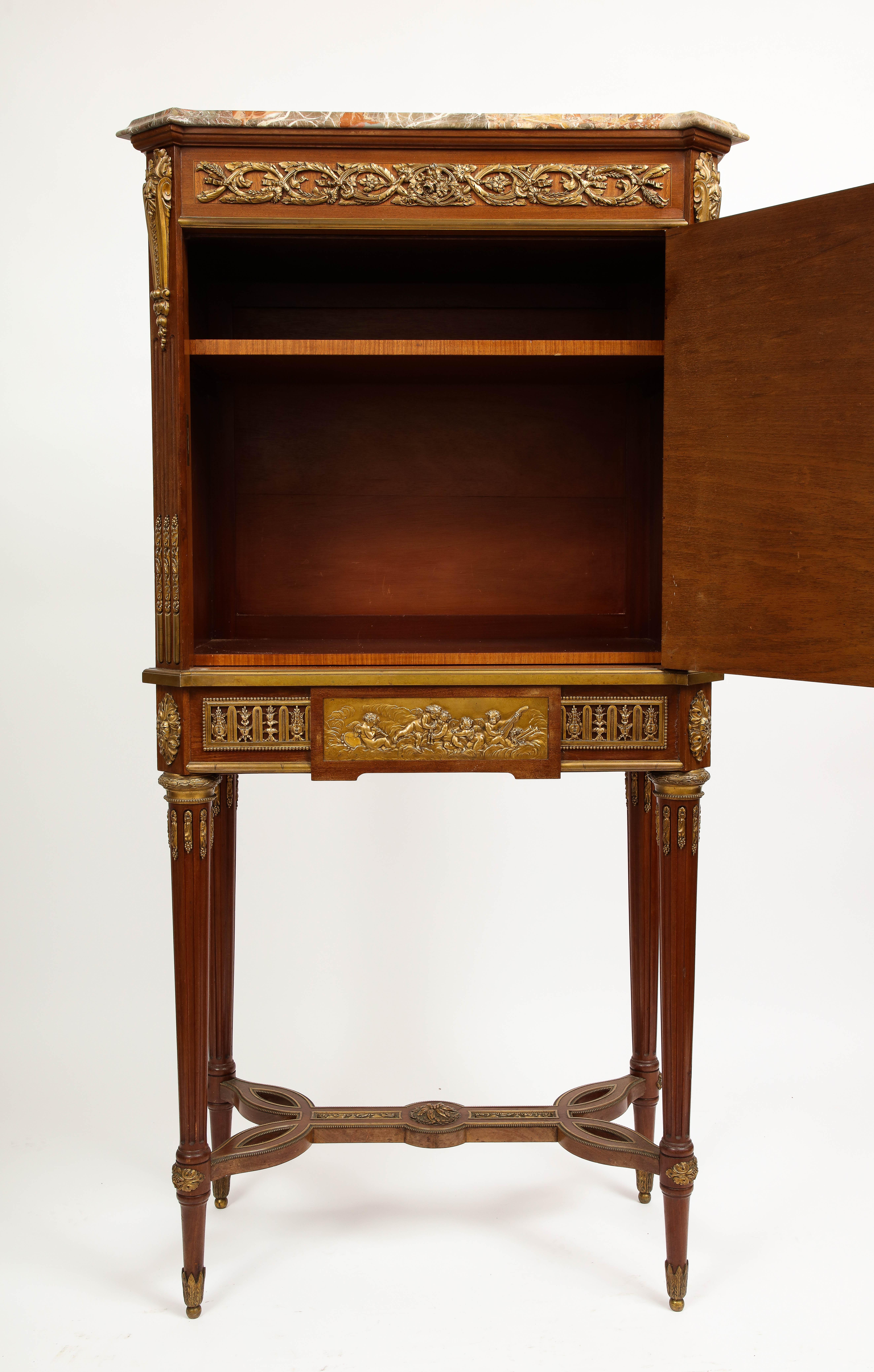Hand-Painted 19th Century Dore Bronze and Sèvres Porcelain Mounted Parquetry Cabinet For Sale
