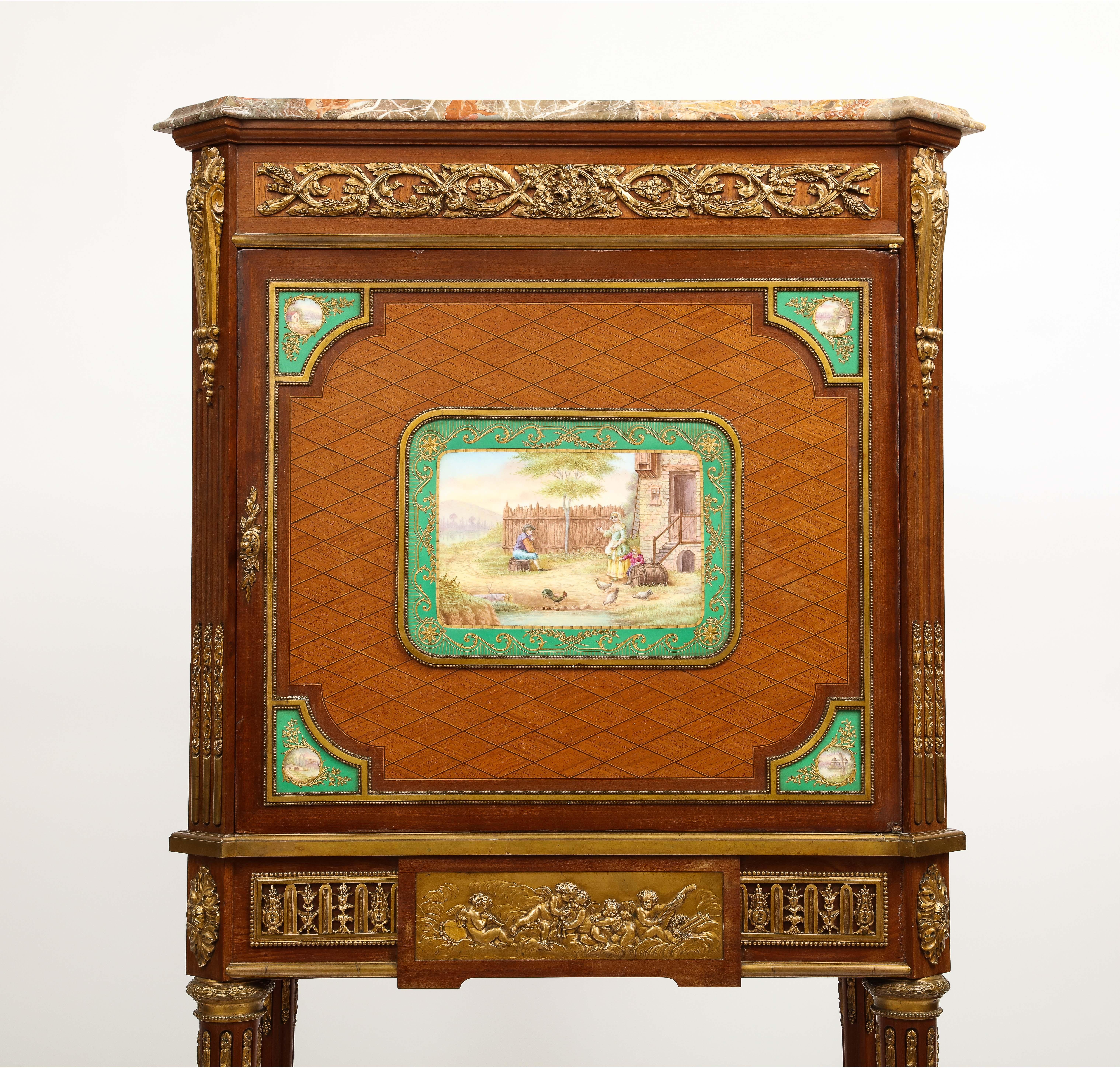 19th Century Dore Bronze and Sèvres Porcelain Mounted Parquetry Cabinet In Good Condition For Sale In New York, NY