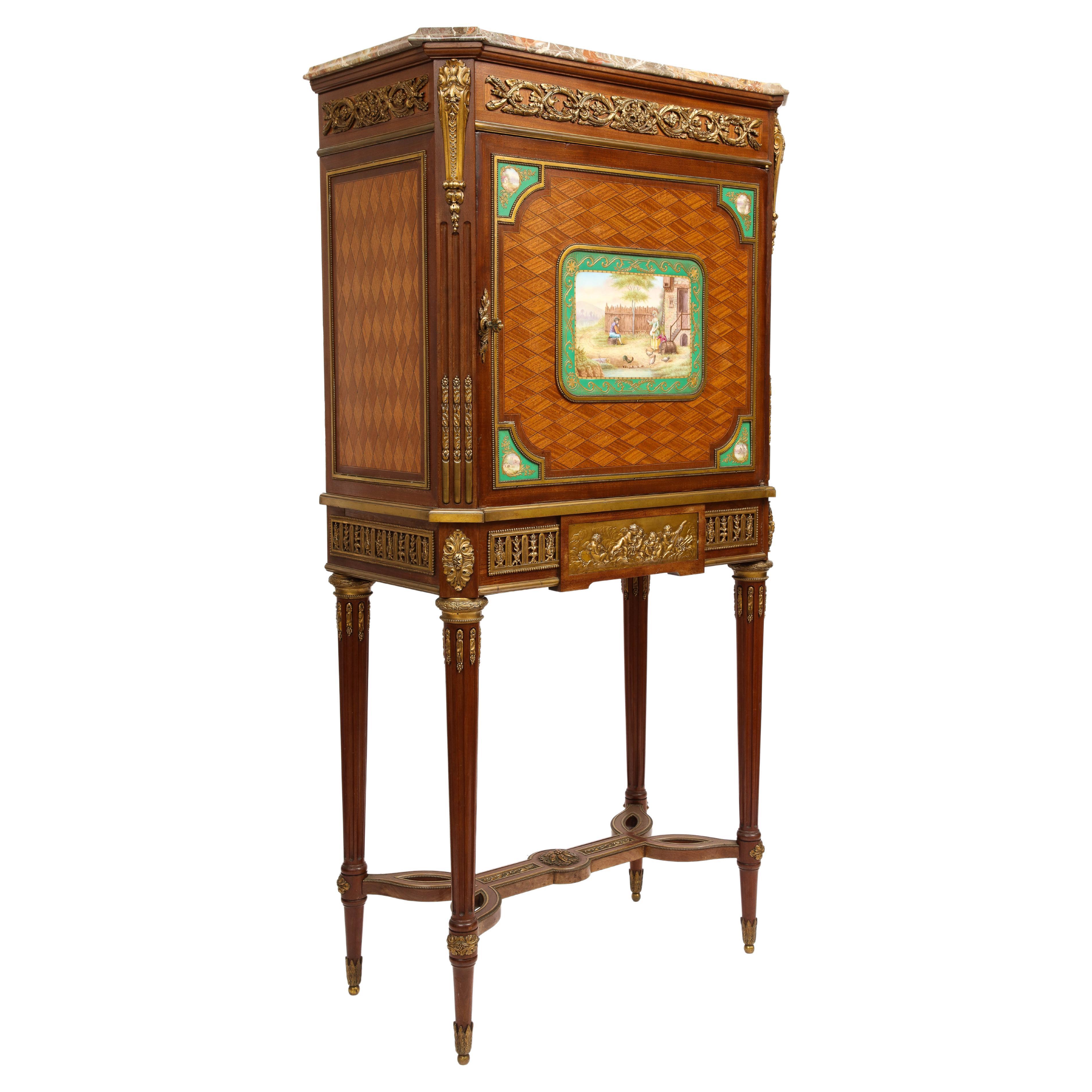 19th Century Dore Bronze and Sèvres Porcelain Mounted Parquetry Cabinet For Sale
