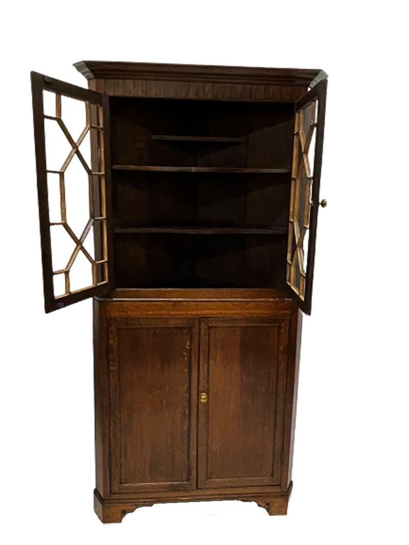 A 19th century Dutch oak display corner cabinet

The corner cabinet consists of 2 parts with the upper part of a display case with 2 doors and the interior of 2 shelves and a small one and the lower part with 2 closed doors with 1 shelf. The door