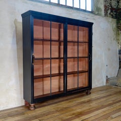 19th Century Ebonized Glazed Sliding Door Apothecary Cabinet, Kitchen Painted