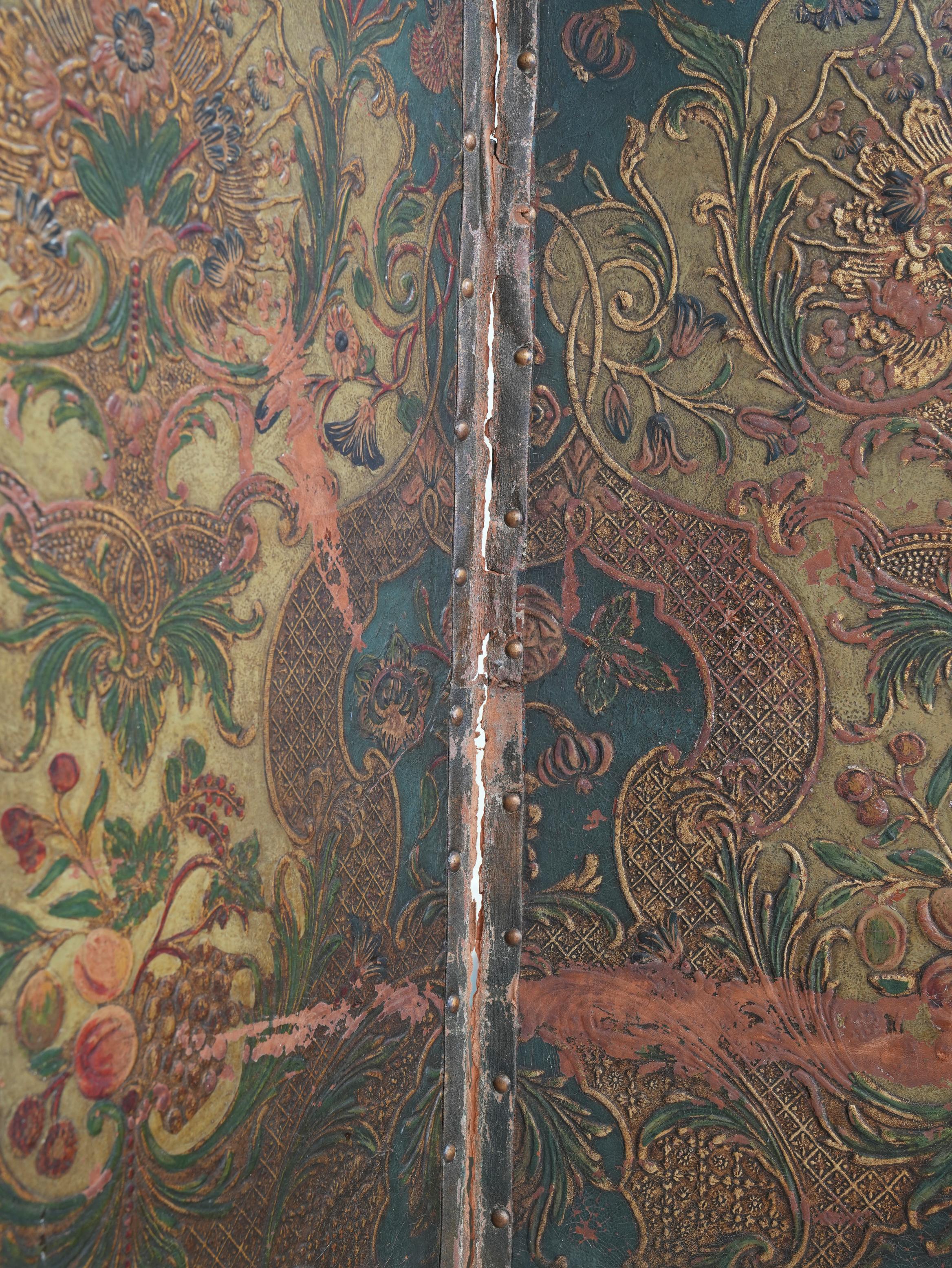 19th Century Embossed & Decorated Leather Room Screen 5