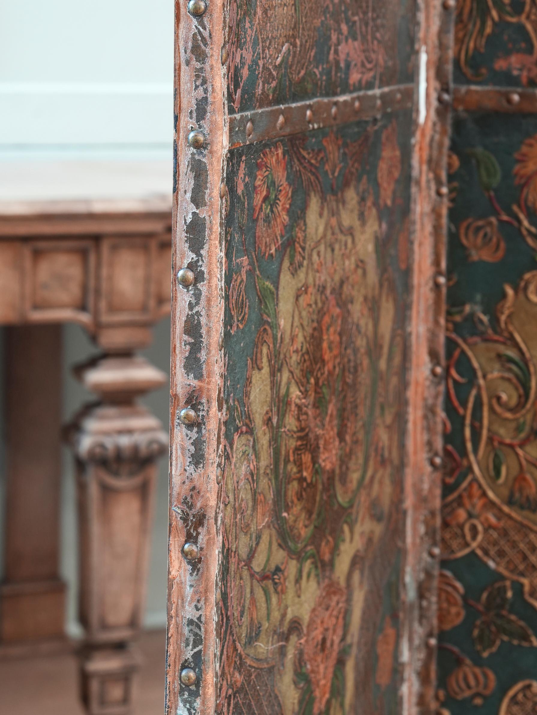 19th Century Embossed & Decorated Leather Room Screen 6